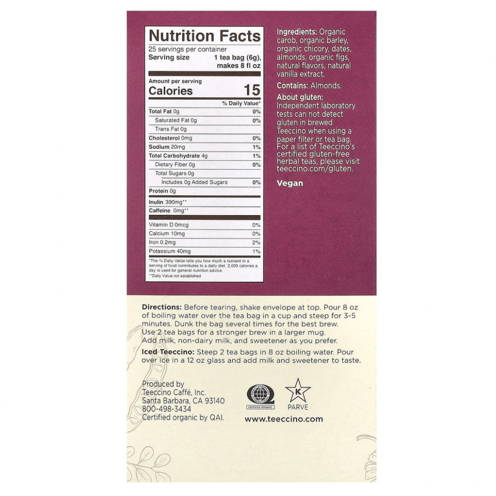 Teeccino, обжаренный травяной чай, ванильно-ореховый вкус, без кофеина, 25 чайных пакетиков, 150 г (5,3 унции)