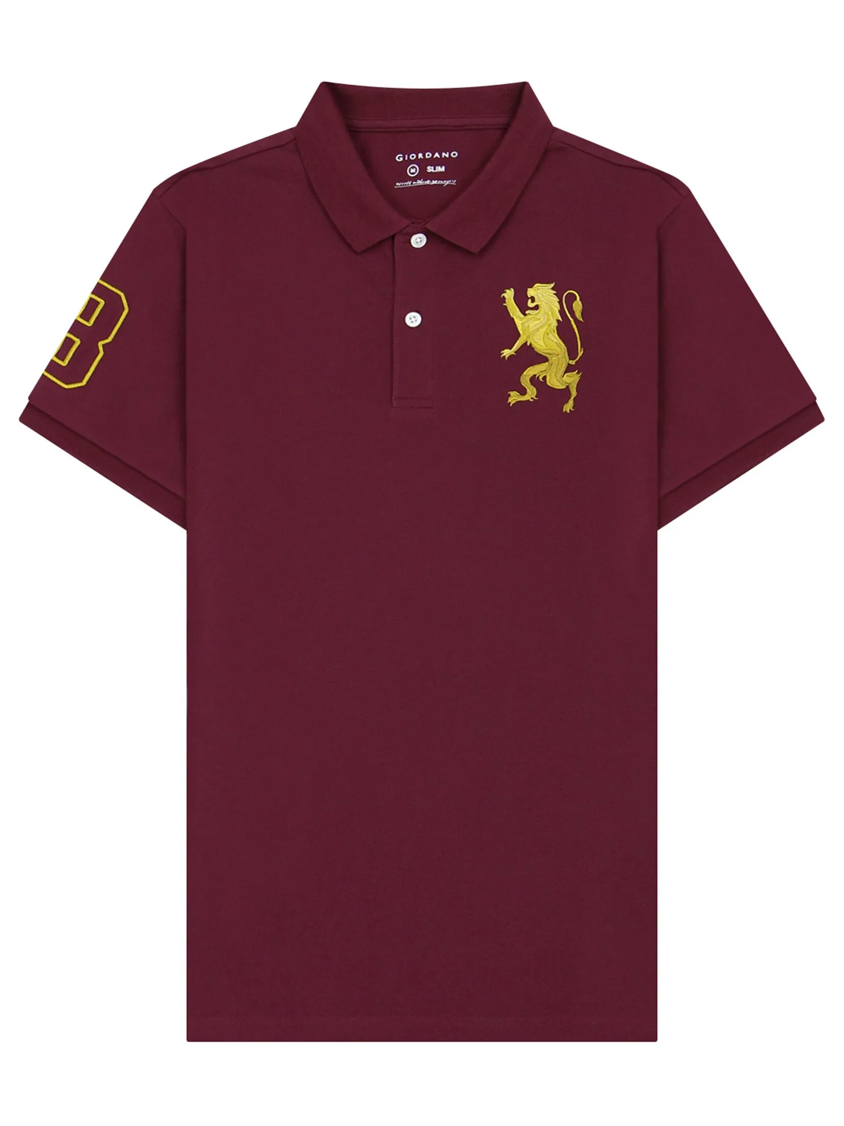GIORDANO Men's Lycra Pique Embroidery Polo (3D Lion) Burgundy red