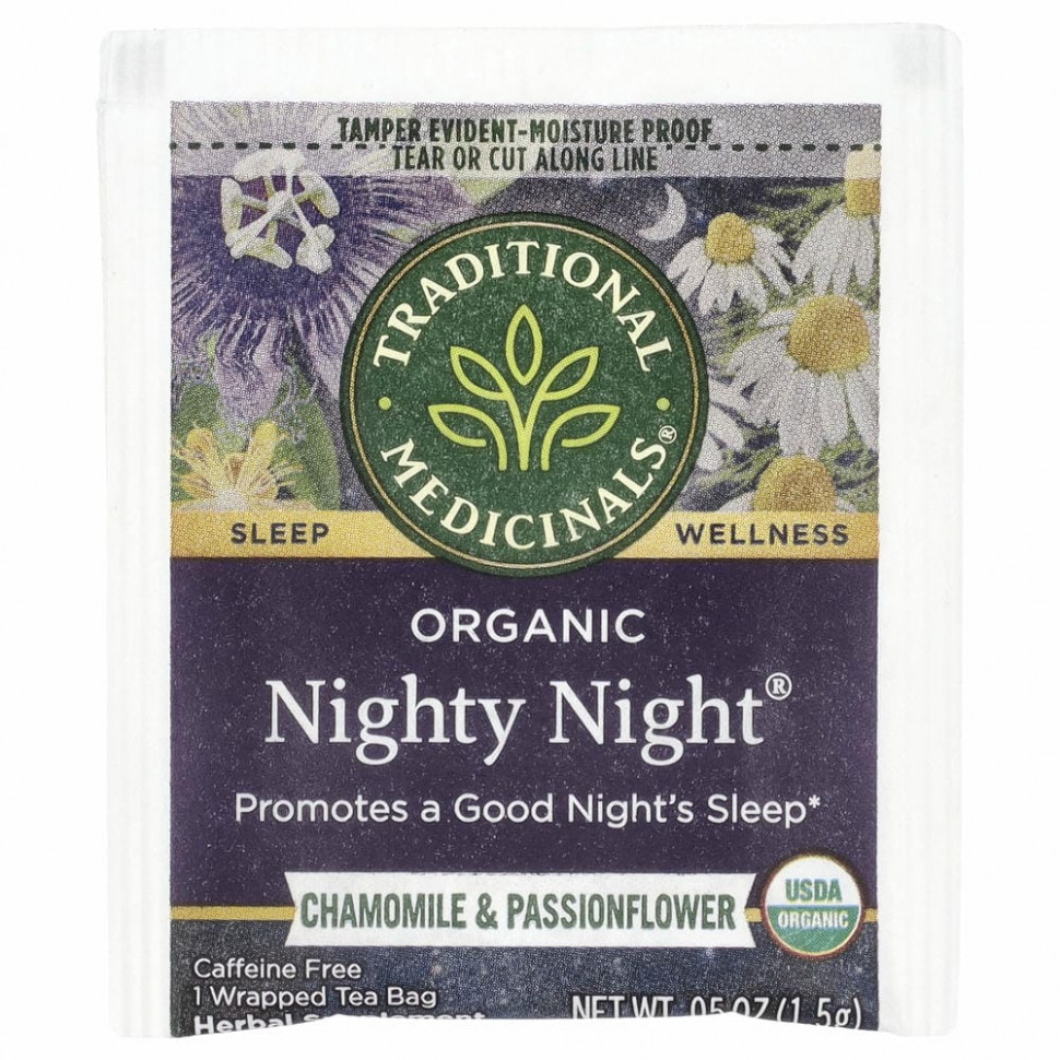 Traditional Medicinals, Nighty Night, органический, фирменный чай с пассифлорой, без кофеина, 16 чайных пакетиков, 24 г (0,85 унции)