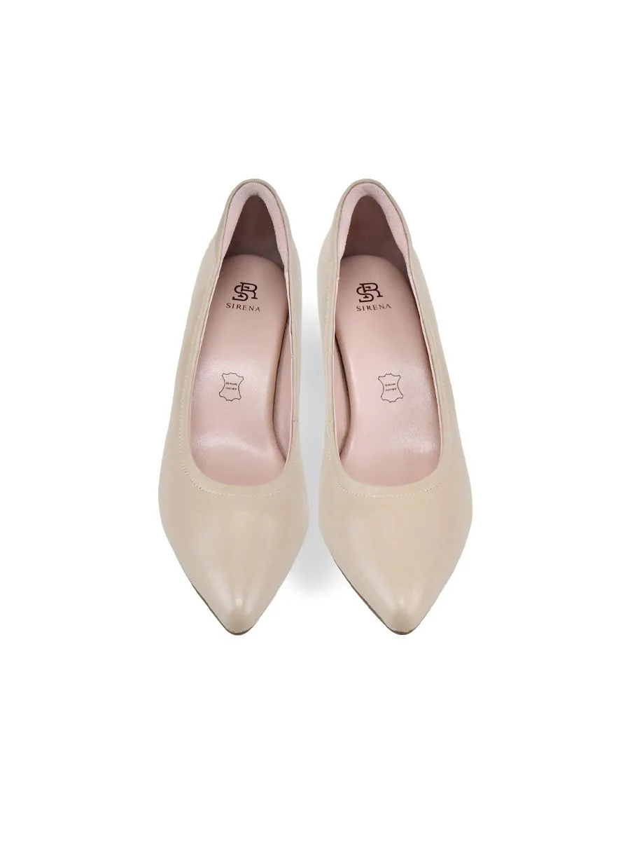 SIRENA Beige Leather Court Shoes Pointed Toe Blocked Heel 2 inch Hera