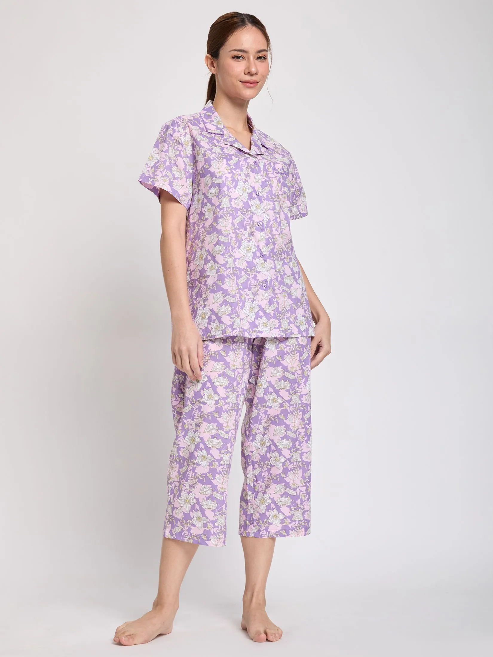 CLAUDIA'S ROMANCE Women Pyjamas Hawaii Shirt Short Sleeves + Cropped Pants Print Violet