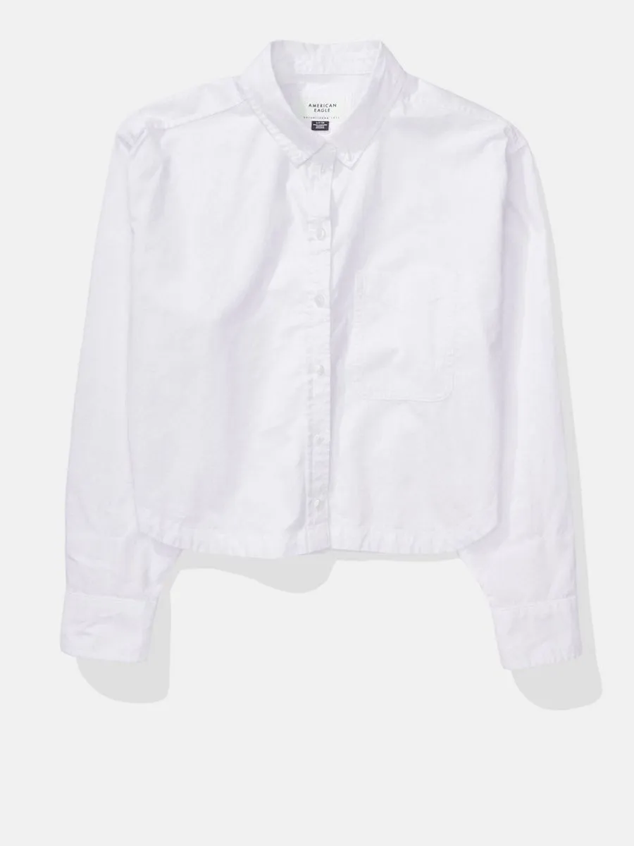 AMERICAN EAGLE WOMEN 5214 CORE CROPPED PREP SHIRT 100 WHITE