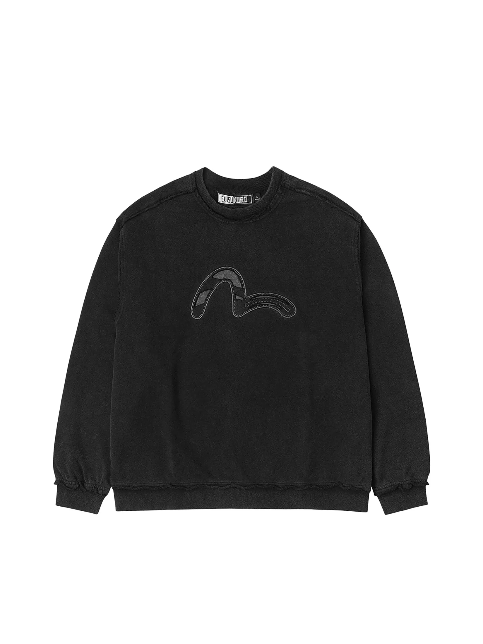 EVISU Men Sweatshirt Acid-wash and Distressed Seagull Appliqué Relax Fit Black