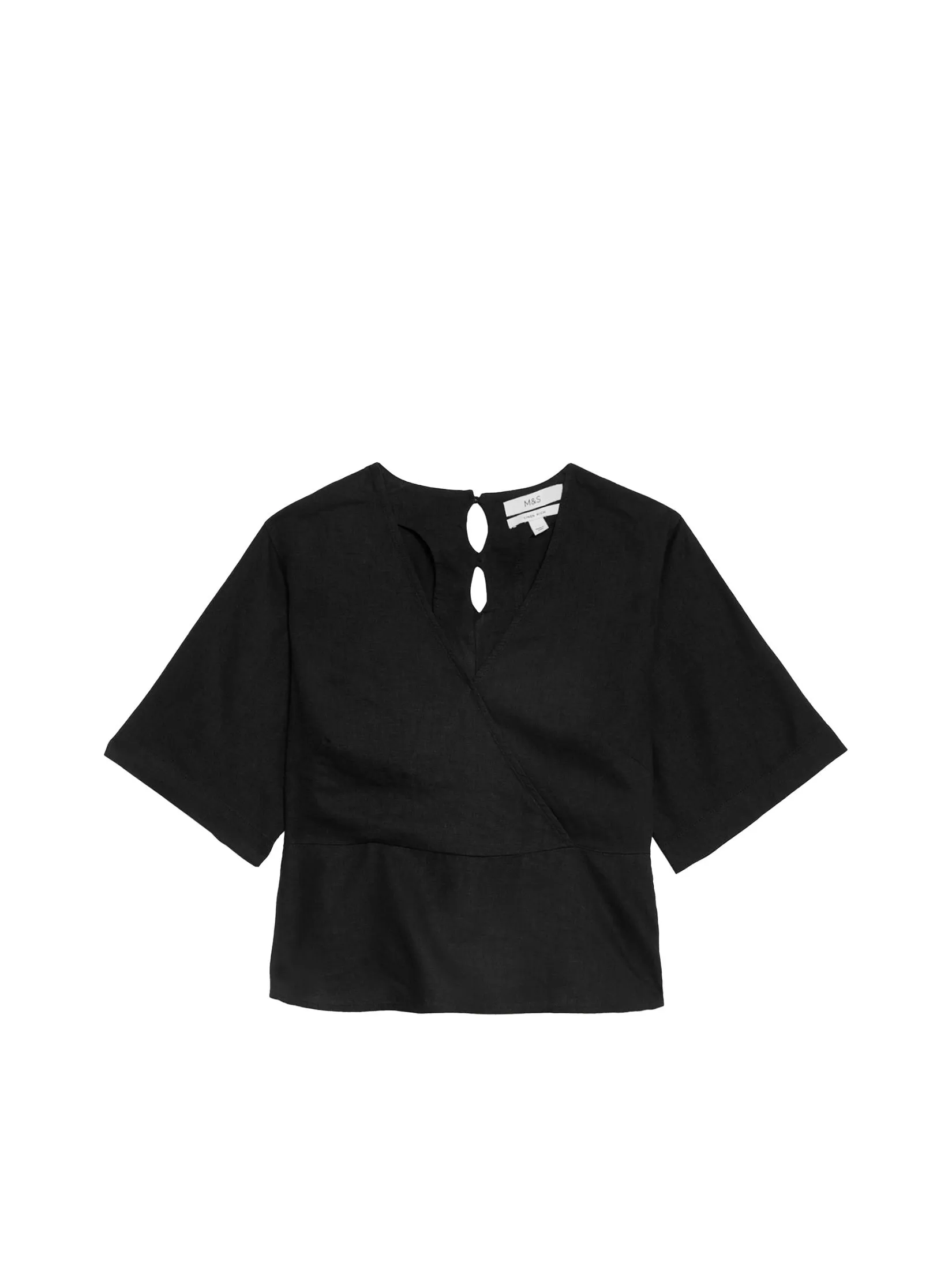 MARKS & SPENCER Women Blouse Linen Rich V Neck Kimono Sleeve Black