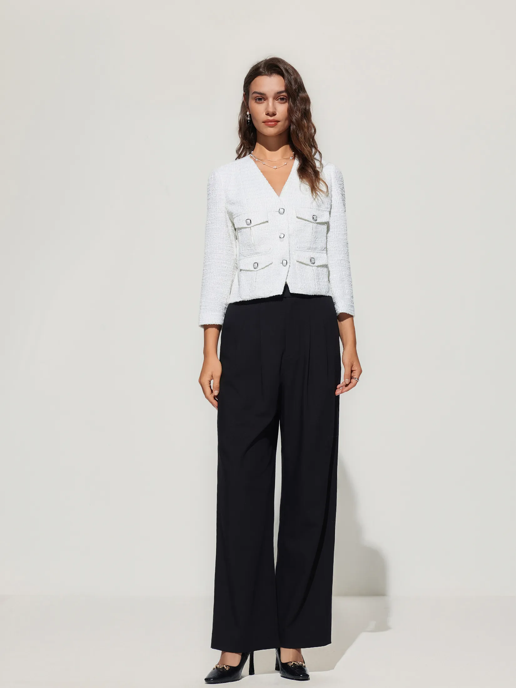 G2000 Women Clothing Tweed V-Neck Knit Jacket Regular Fit - Off-White