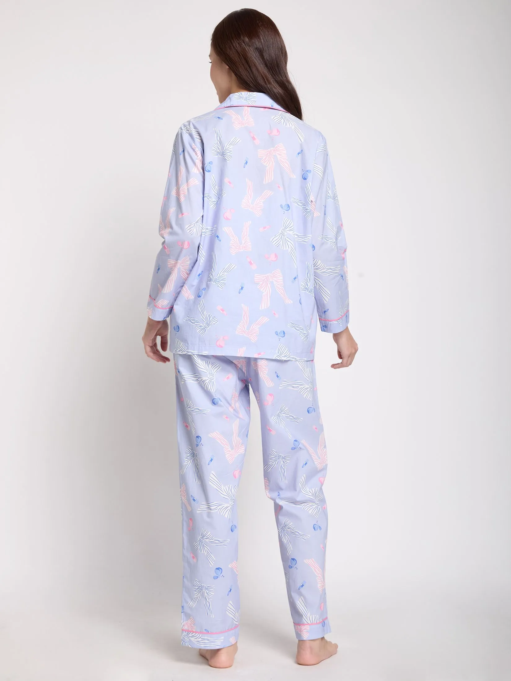 FOF Women Sleepwear Shirt Long Sleeves Collar + Pants Bow Light Purple