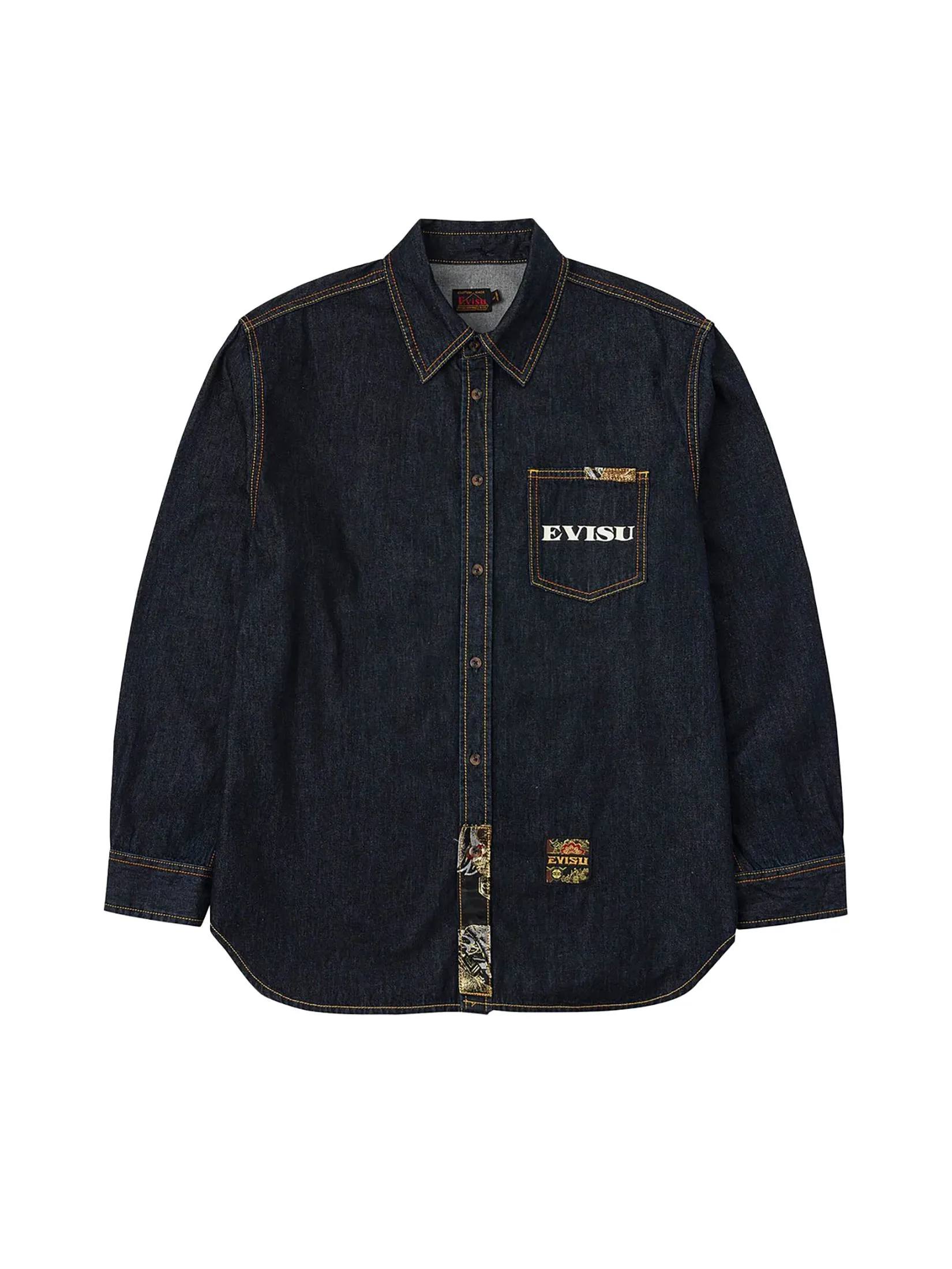 EVISU Men Shirt Denim Multi-pocket and Barcode Seagull Embroidery Regular Fit Navy