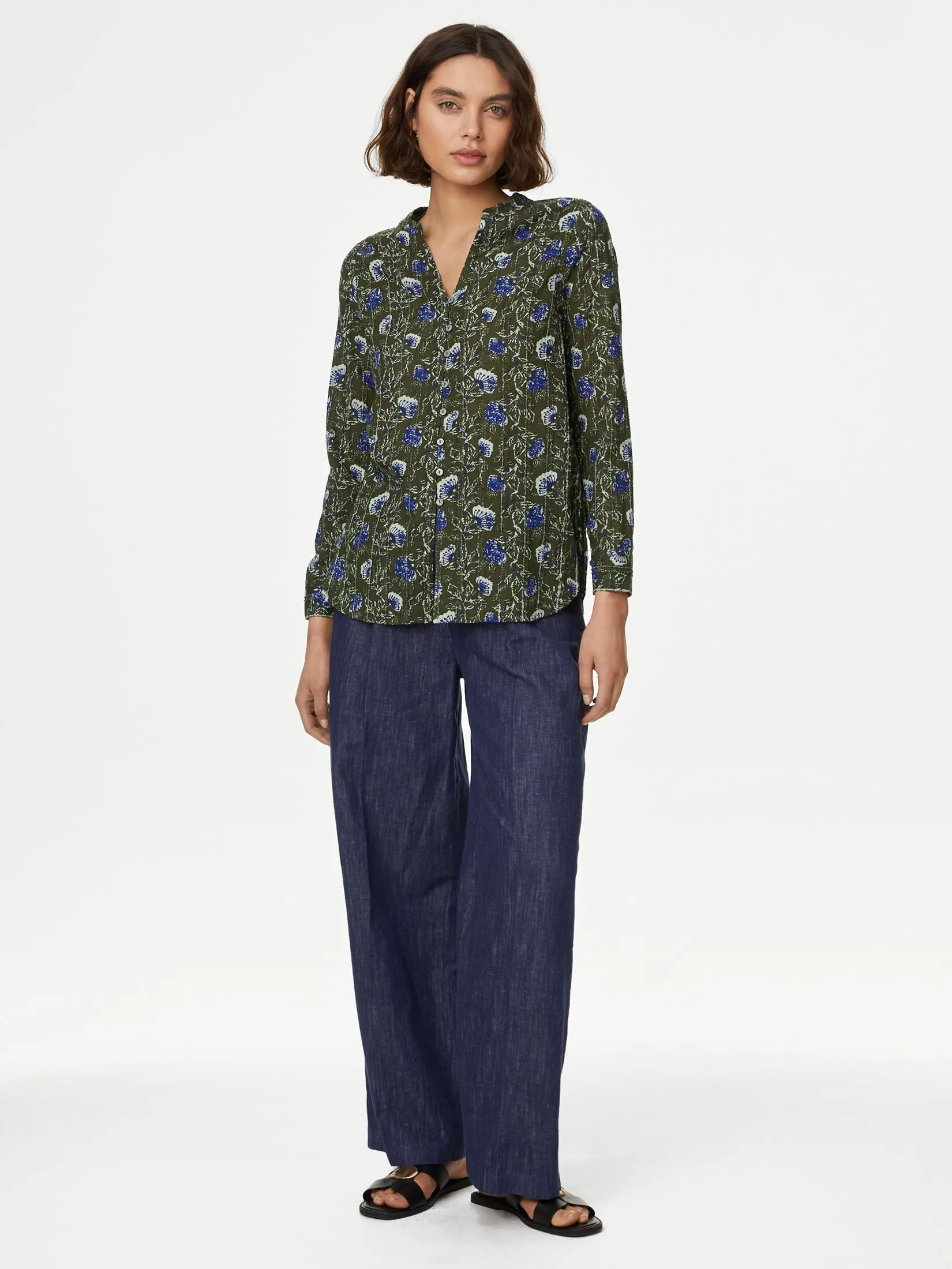 MARKS & SPENCER Women Shirt V-Neck Pure Cotton Printed Textured Multi