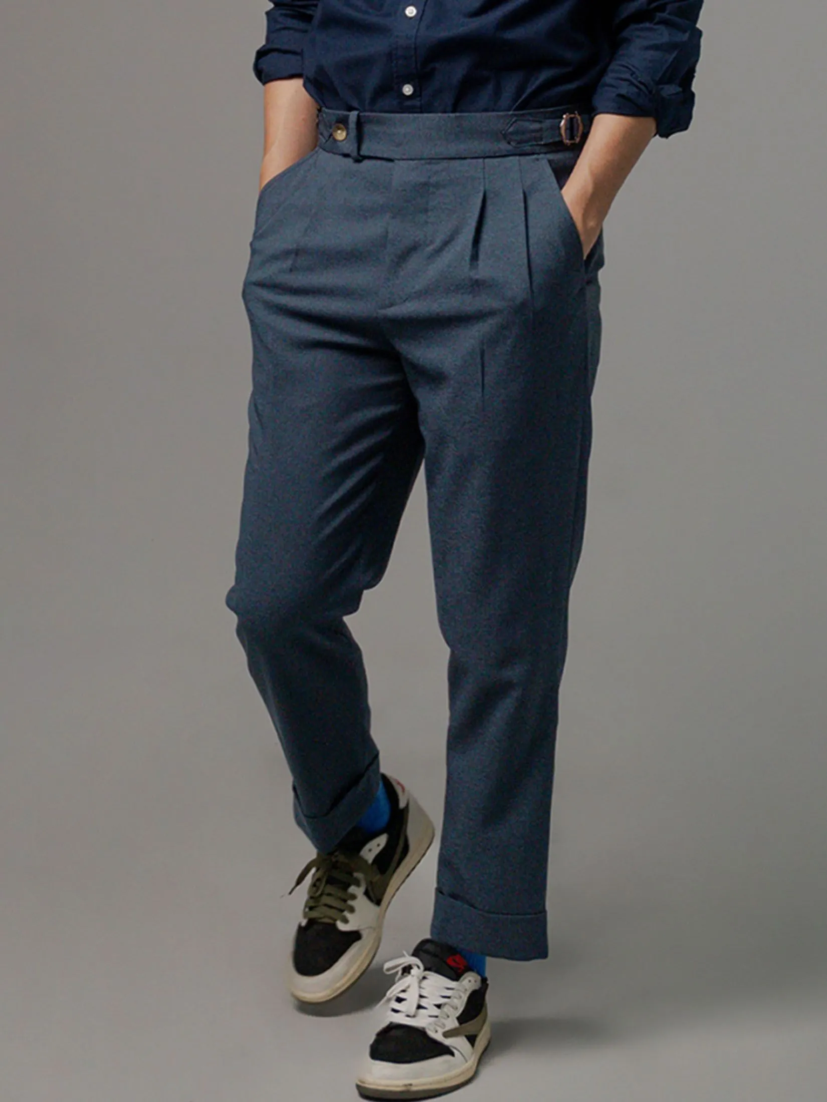 ERA-WON Men's Double belts trousers skinny crop fit Blue