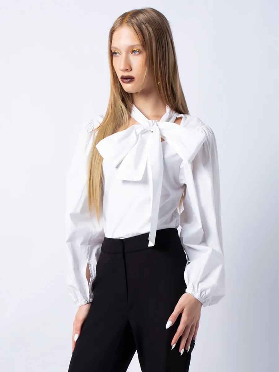 F-FASHION Long Sleeve Blouse with Bow Detail Women White