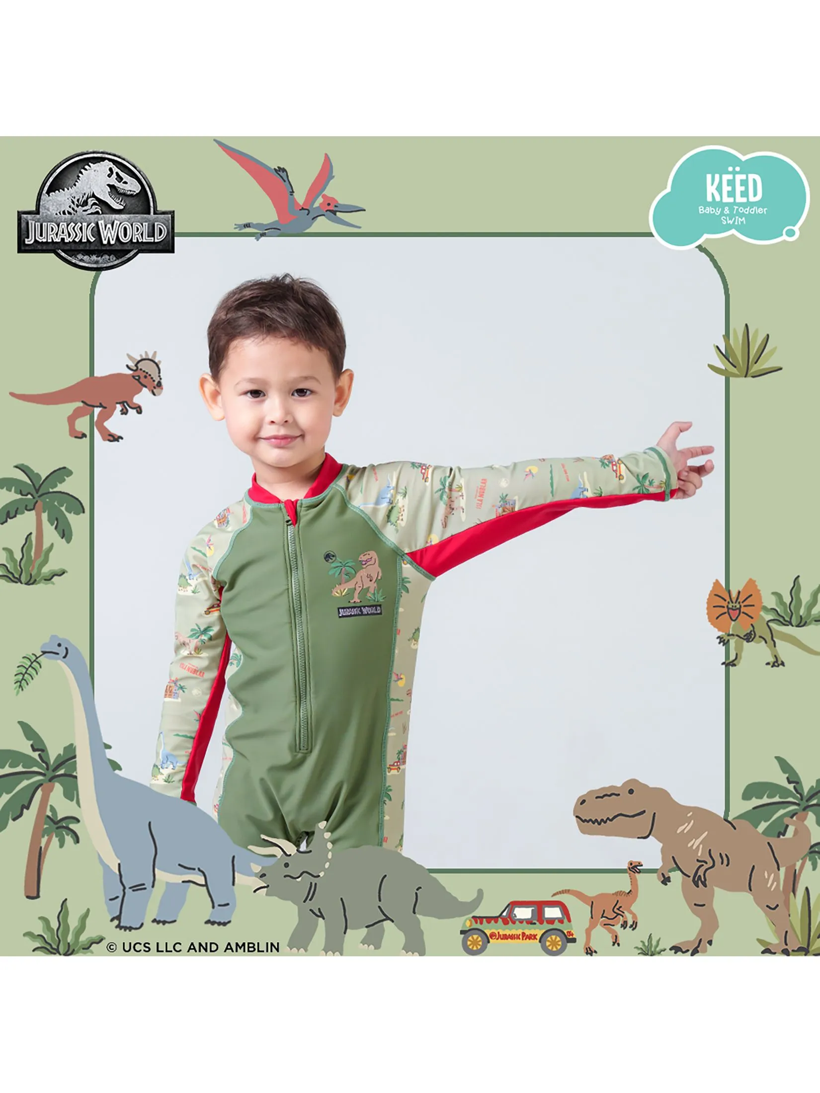 KEED Boy Swimsuit Long Sleeves Jurassic World Khaki Green