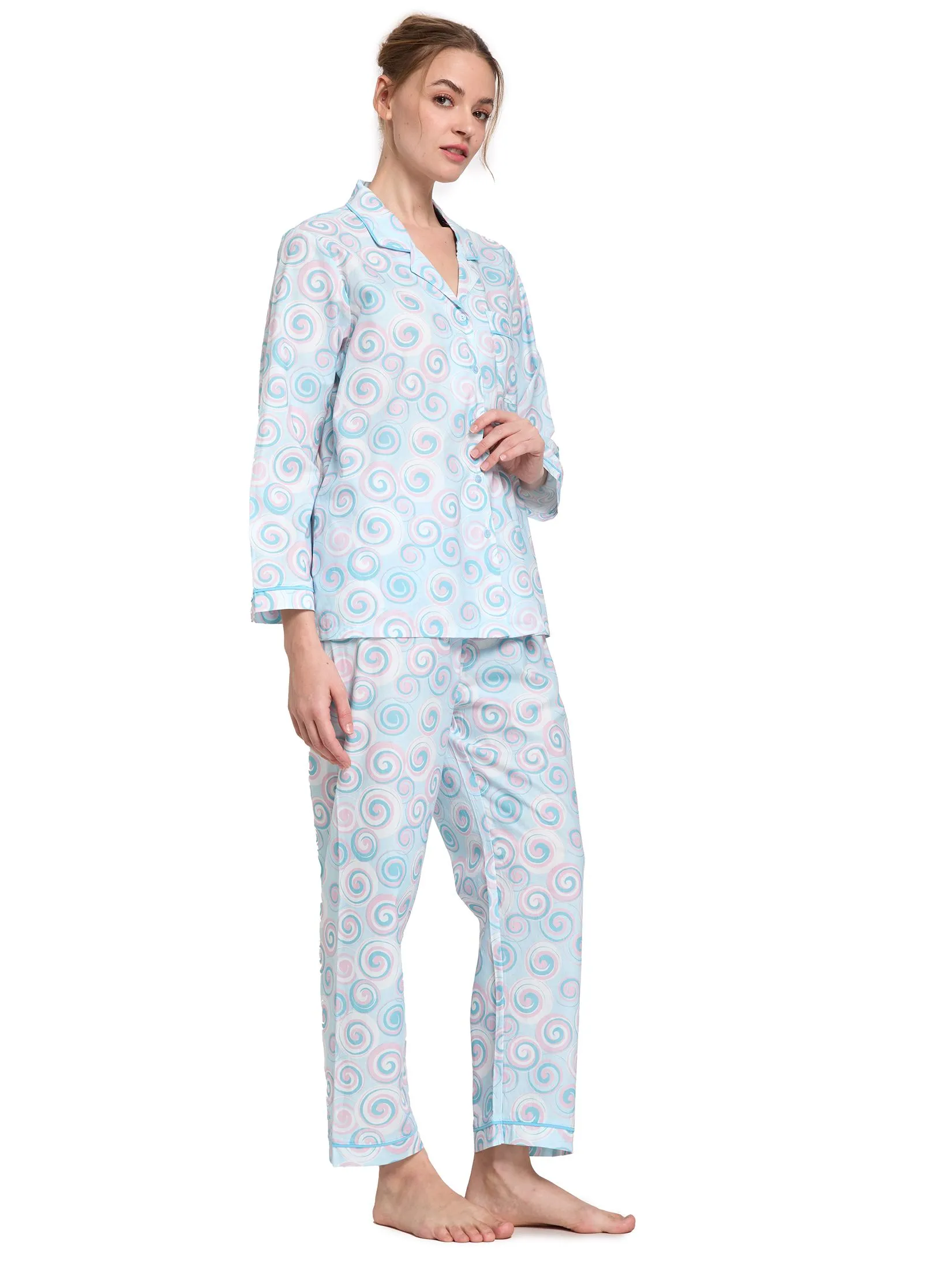 CLAUDIA'S ROMANCE Women Pyjamas Set Hawaiian Shirt Long Sleeves + Pants Light Blue