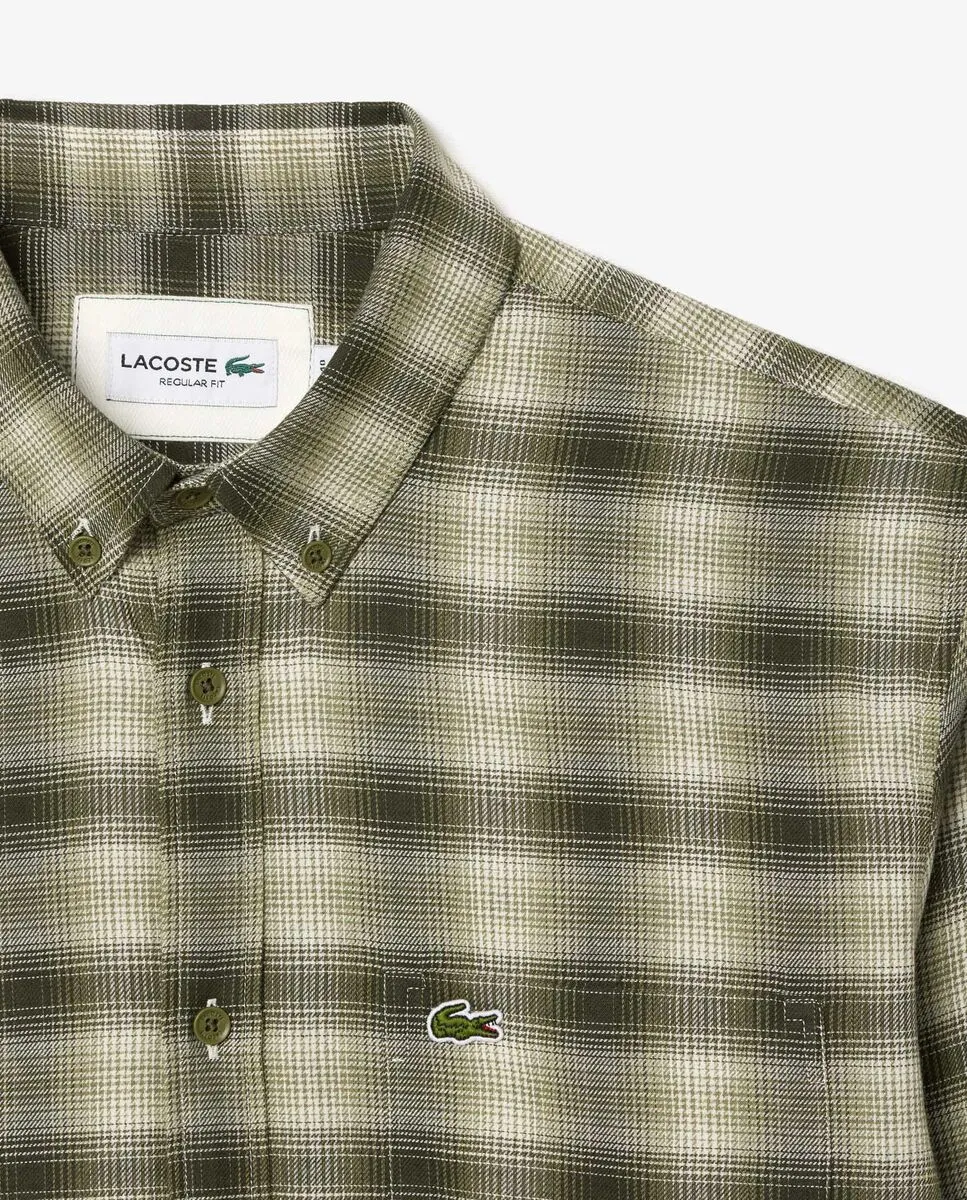 LACOSTE Regular Fit Cotton and Wool Plaid Shirt Green
