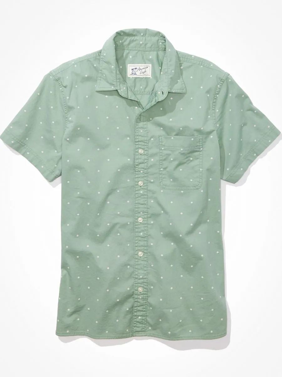 AMERICAN EAGLE MEN POPLIN CAIL GEO BLEACH WASH SHIRT DRIED SAGE