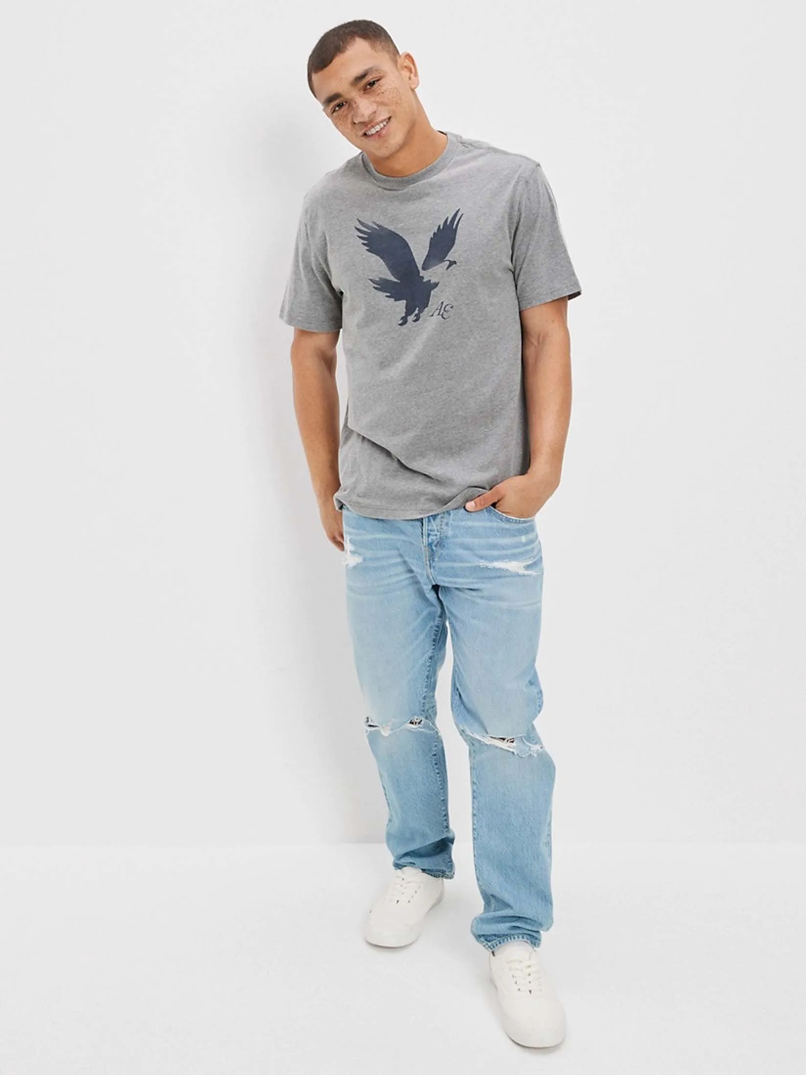 AMERICAN EAGLE MEN G MFO SS SET IN TEE- PC DYE + SERIOUSLY SOFT WASH 006 HEATHER GRAY