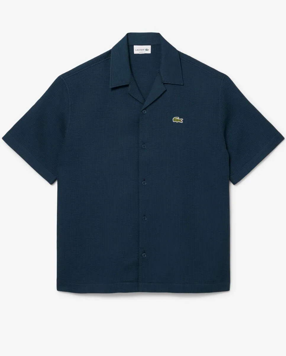 LACOSTE Relaxed Fit Waffle Texture Shirt Blue