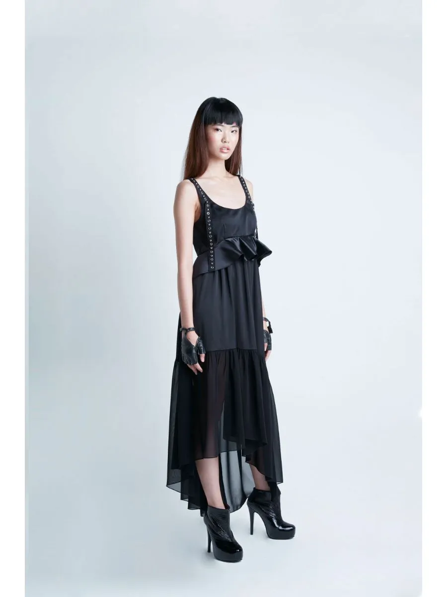 SENADA WOMEN SILK BLEND EYELET MAXI BLACK DRESS