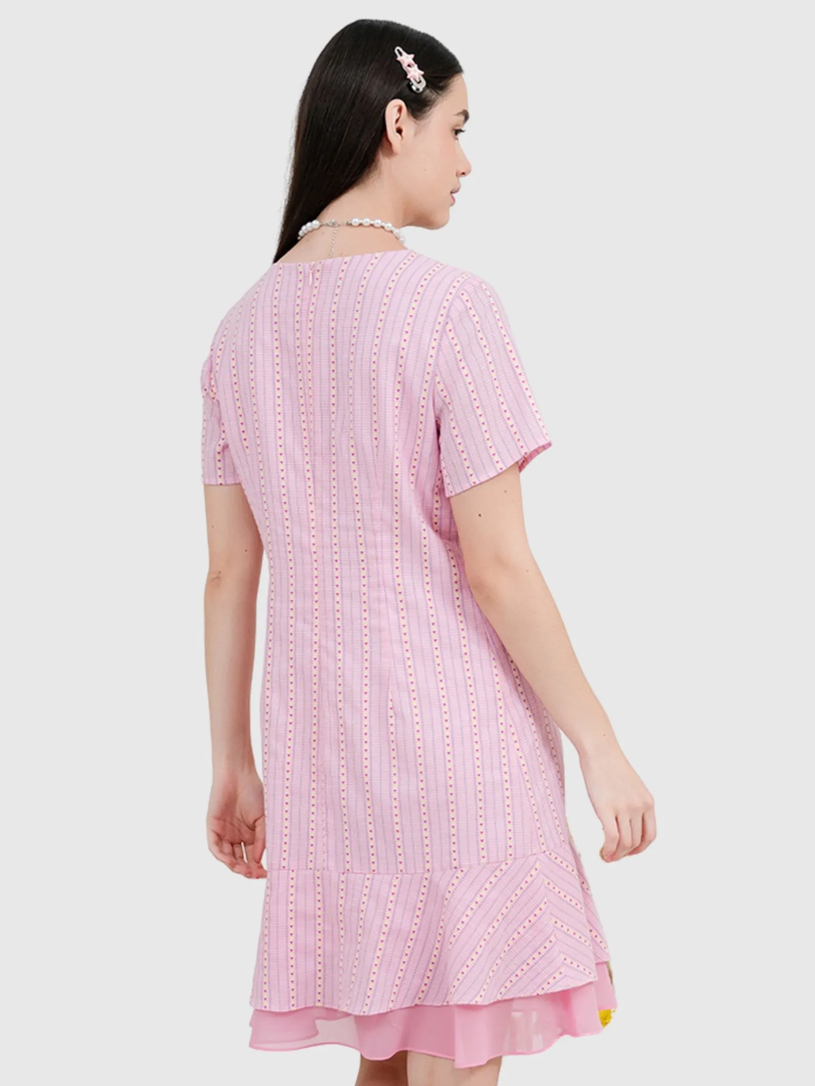 AMILA Women Dress Short Sleeves Cotton Dobby Pink