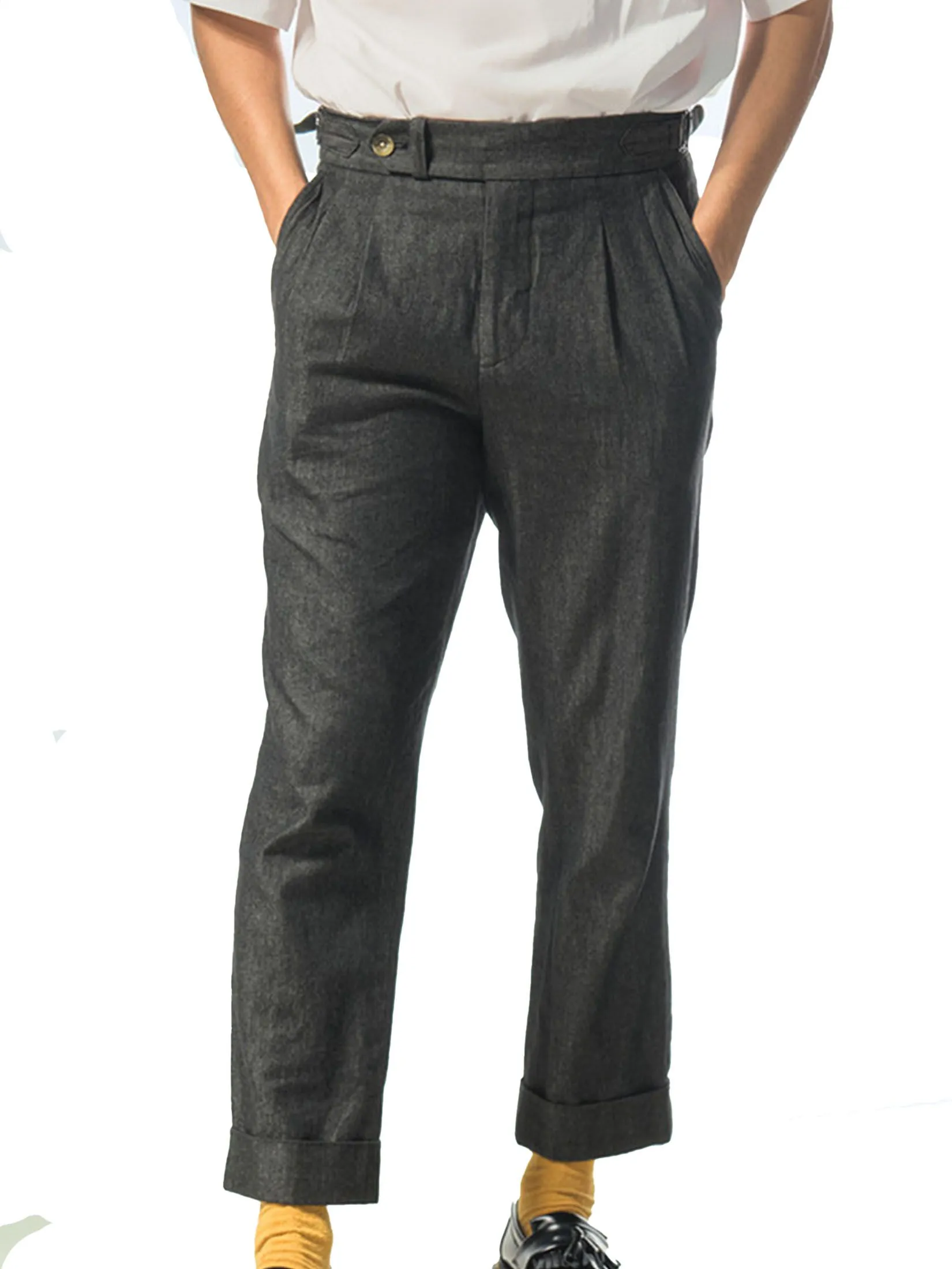 ERA-WON Men's Double belts trousers skinny crop fit Black