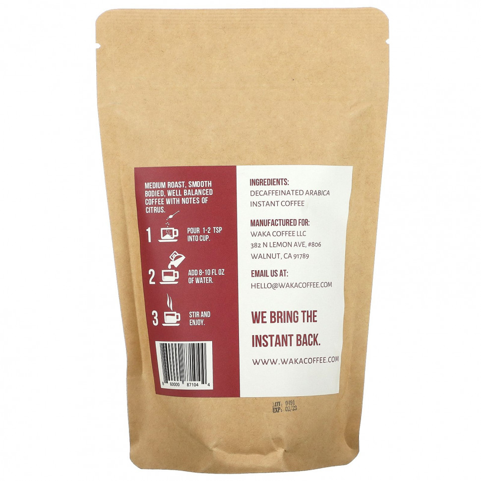 Waka Coffee, Растворимый кофе из 100% арабики, сублимированный колумбийский, средней обжарки, без кофеина, 99 г (3,5 унции)