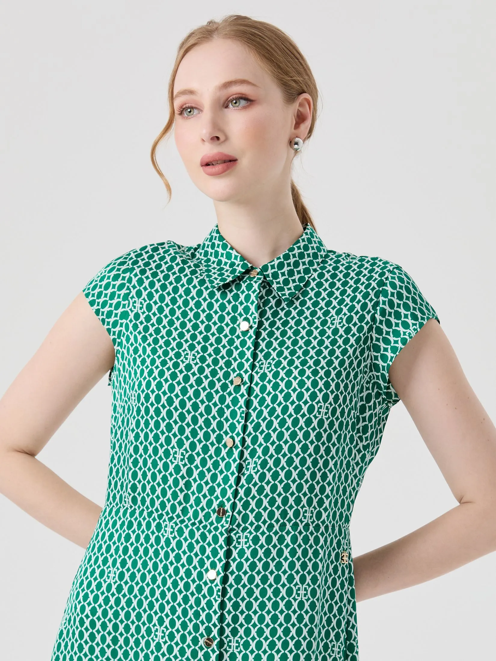 ESPADA Knee-Length Geometric Print Shirt Dress Women Green