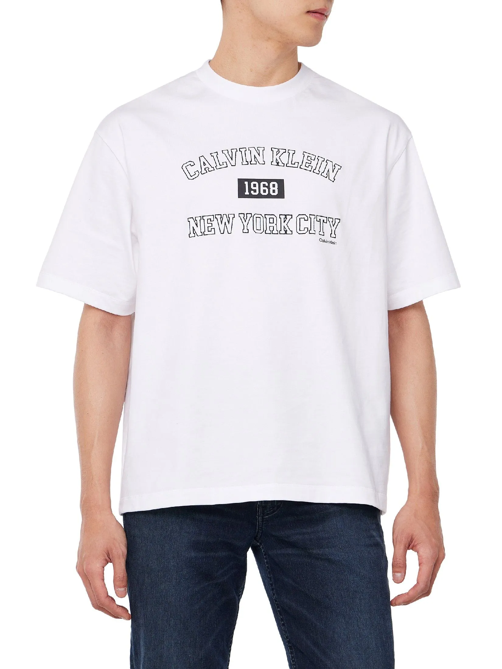 CALVIN KLEIN Men's Relaxed Fit New York Varsity Logo Short Sleeve T-Shirt White