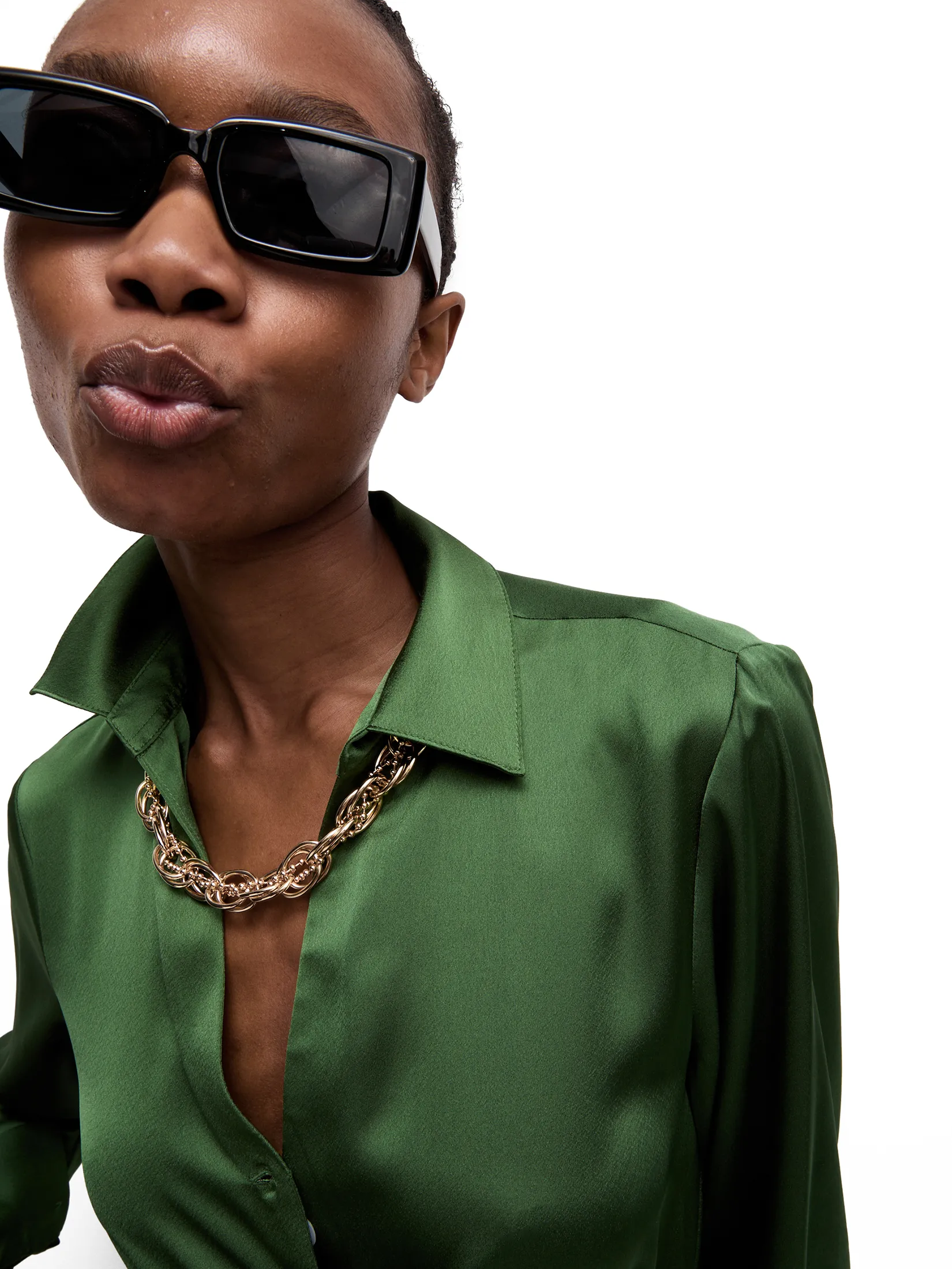 MARKS & SPENCER Women Shirt Satin Collared Button Through Forest Green Size - 12 Regular