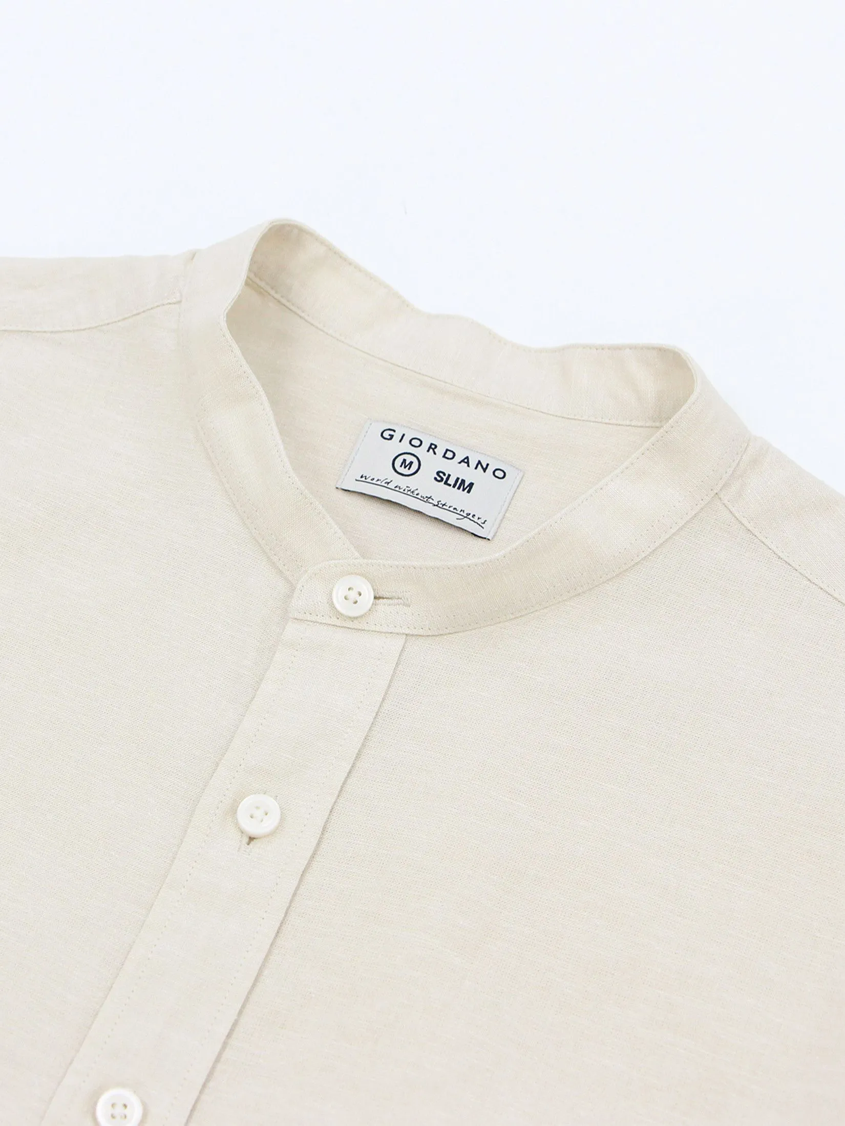 GIORDANO Men's Slim Mandarin Collar Linen Shirt Silver Cloud khaki