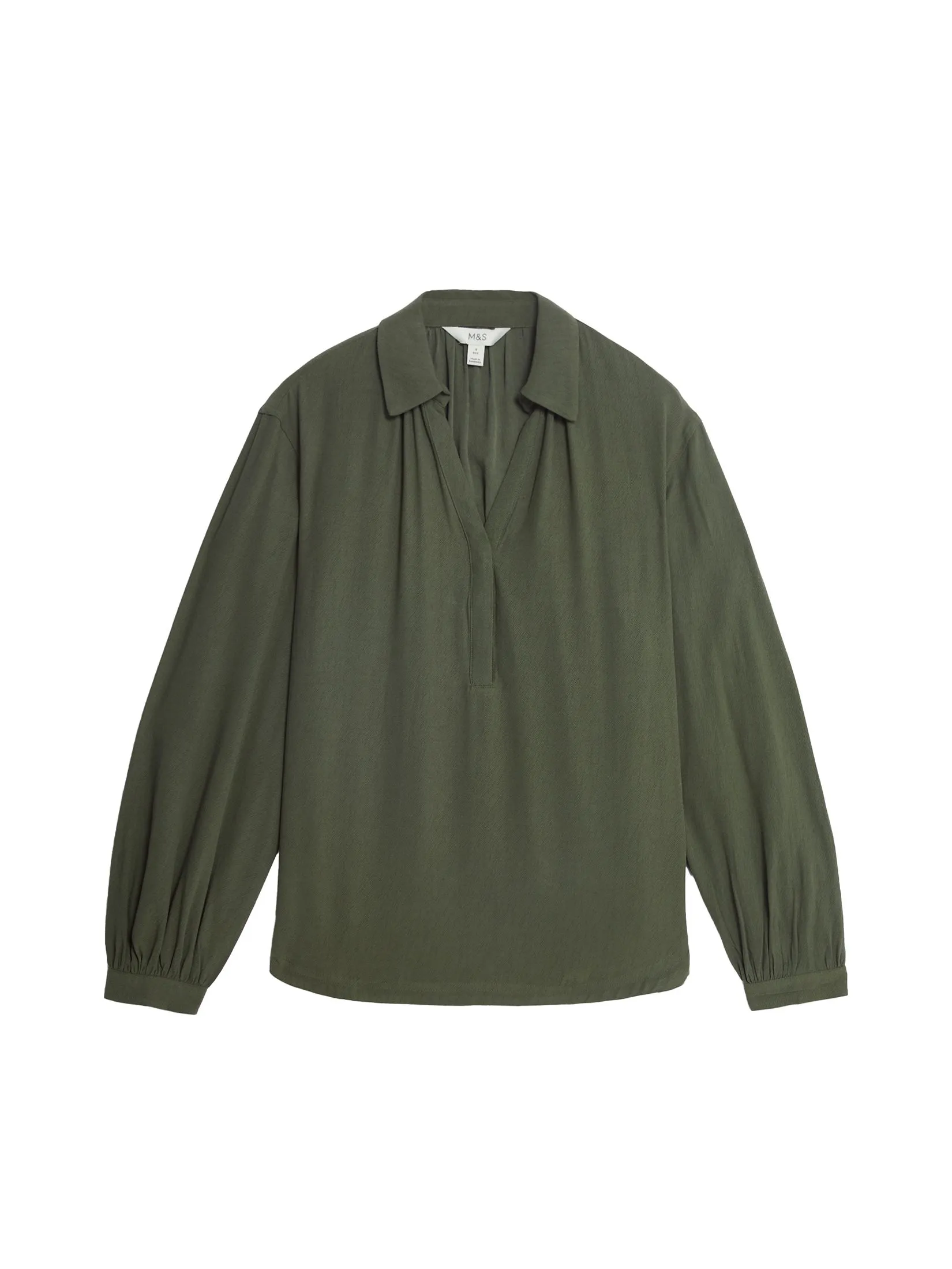 MARKS & SPENCER Women Blouse Lyocell Rich Collared V-Neck Popover Hunter Green