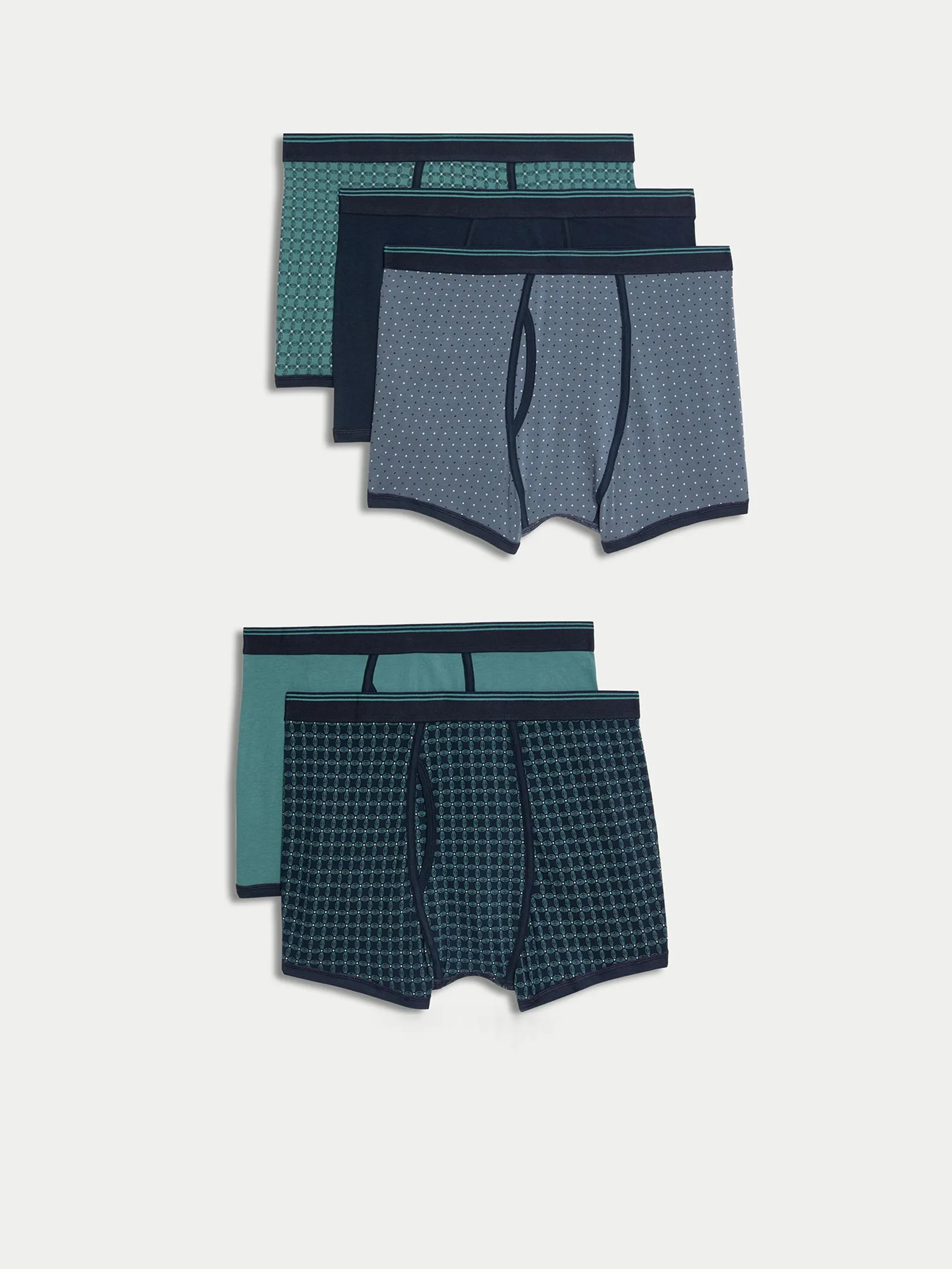 MARKS & SPENCER Men Underwear Trunks 5pk Cotton Rich Stretch Cool & Fresh Geometric Green Mix