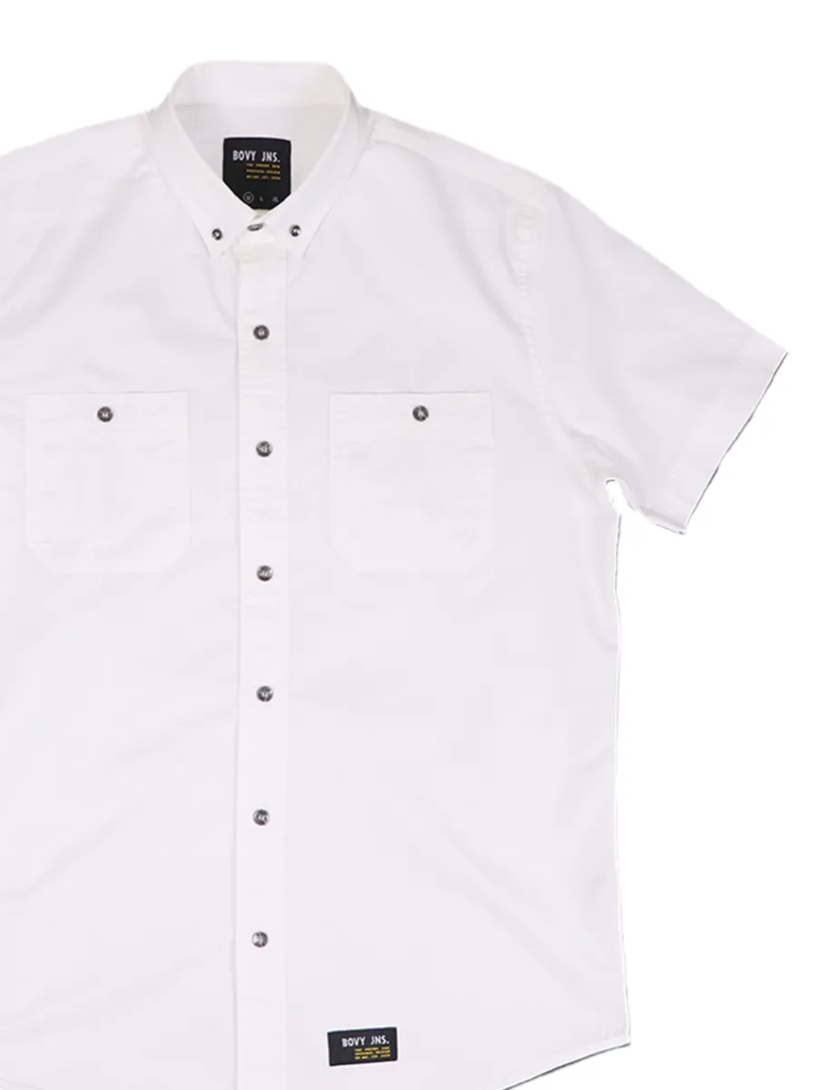 BOVY Men Shirt Short Sleeves Cotton Twill White