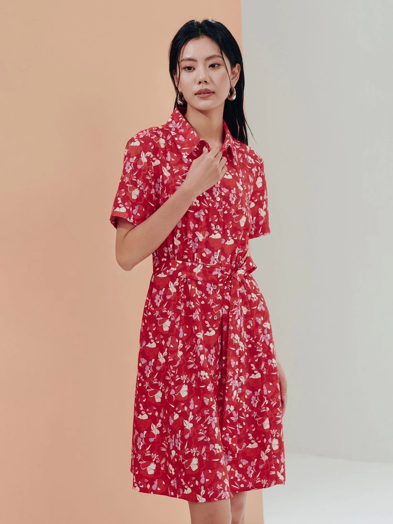 G2000 Women Clothing Floral Print Shirt Dress Fit & Flare Shape - Red
