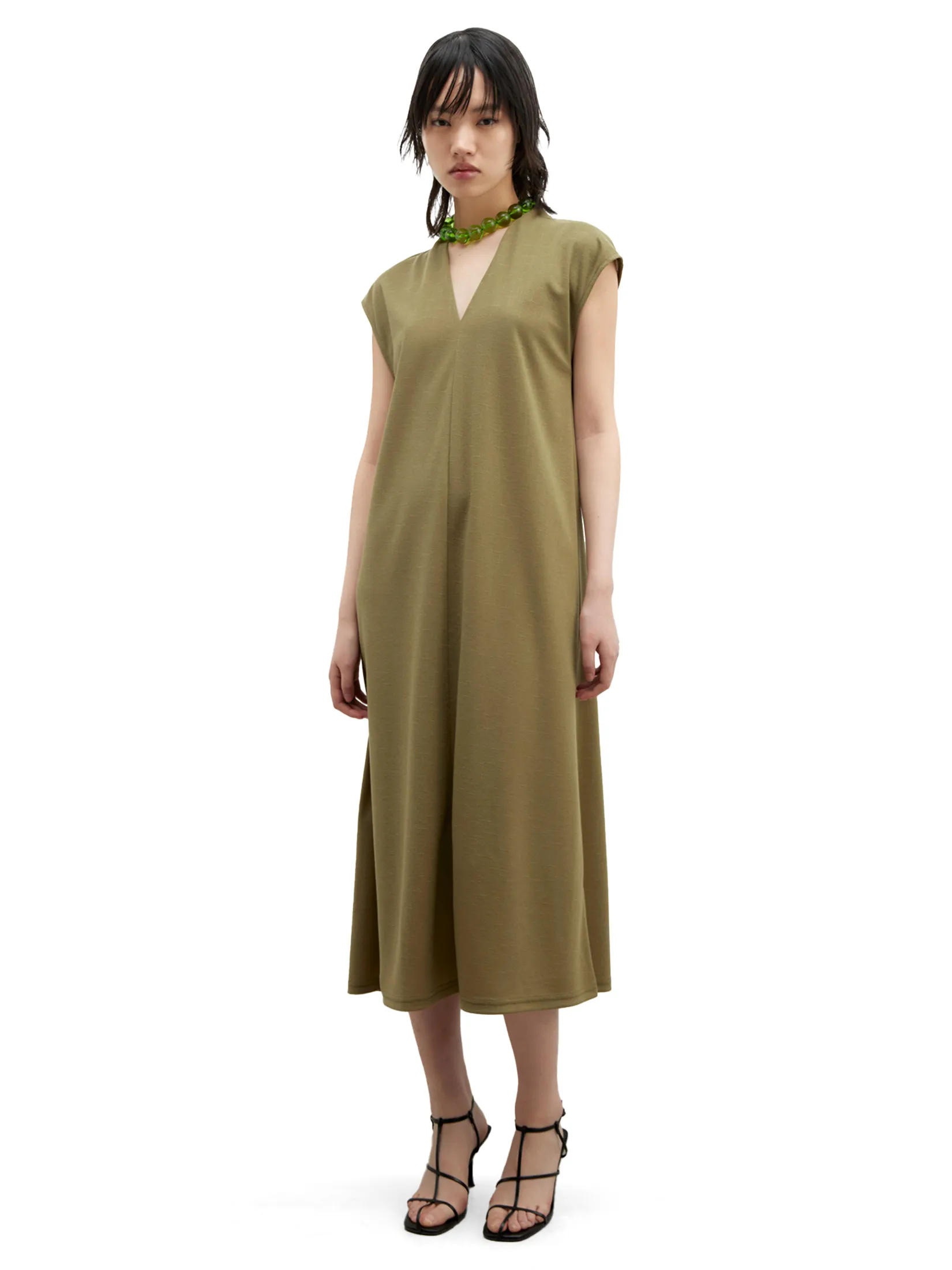 SFERA Women Midi Dress Basic Linen-Effect Khaki Green
