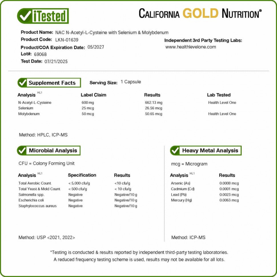 California Gold Nutrition, N-ацетил-L-цистеин с молибденом и селеном, 120 растительных капсул