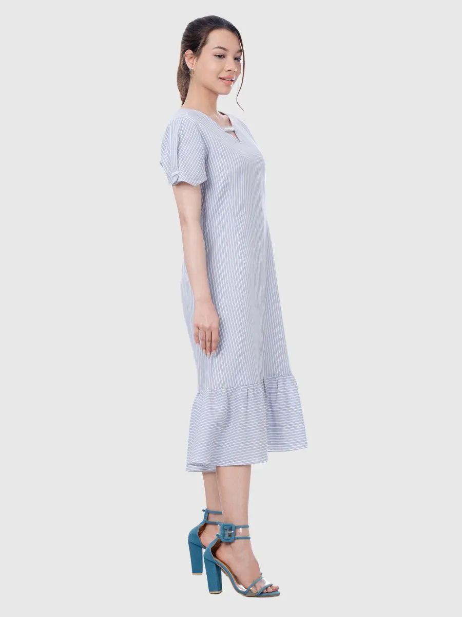AMILA Women Dress Linen Cotton Blue