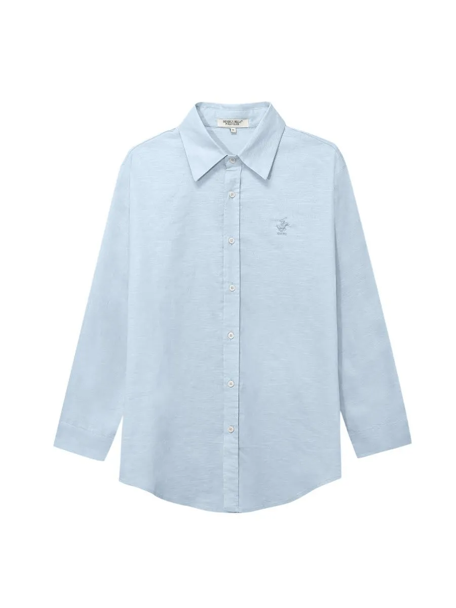 BEVERLY HILLS POLO CLUB Men Cotton Linen Relax Fit Shirt Long Sleeve, Light Blue