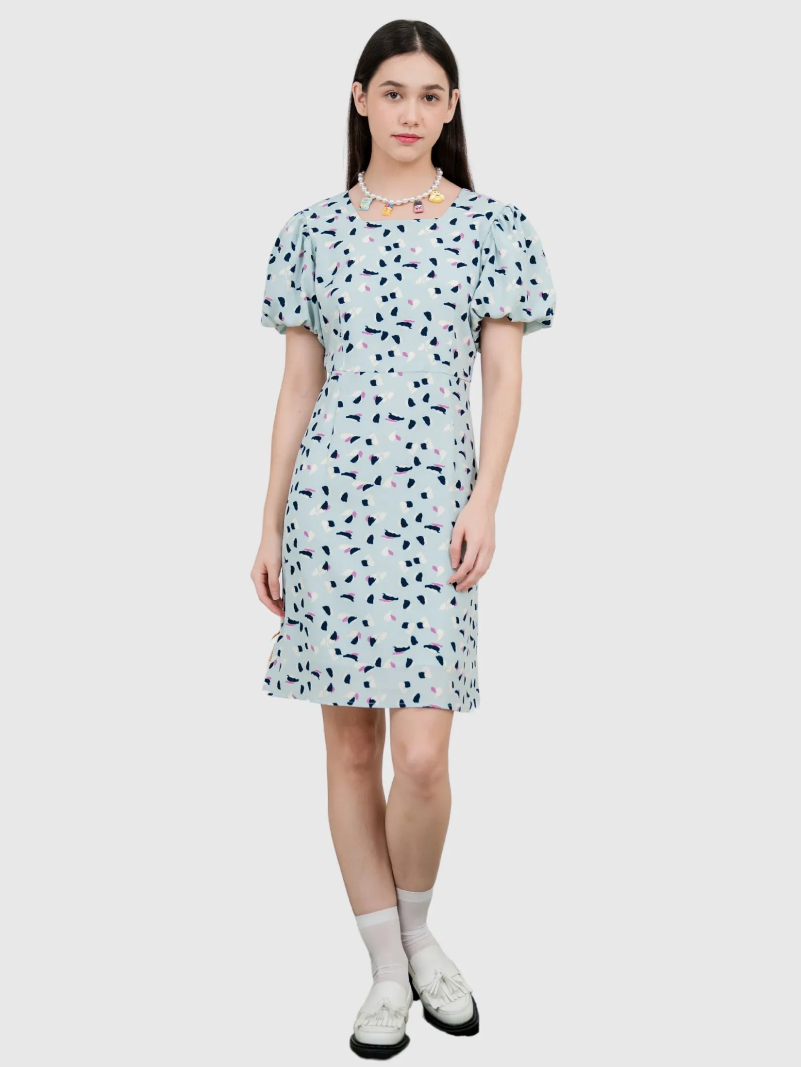 AMILA Women Dress Short Sleeves Peach Skin Blue