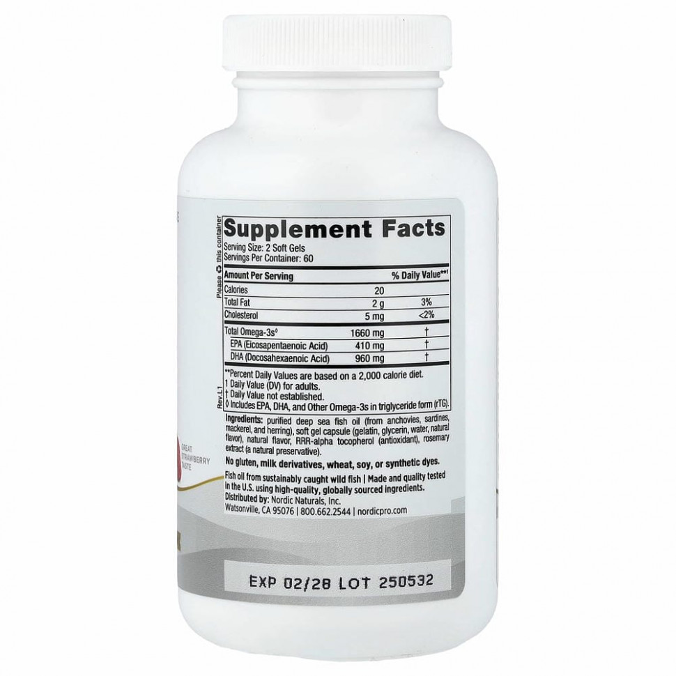 Nordic Naturals, ProDHA 1000, добавка с аминокислотами, с клубничным вкусом, 1000 мг, 120 капсул