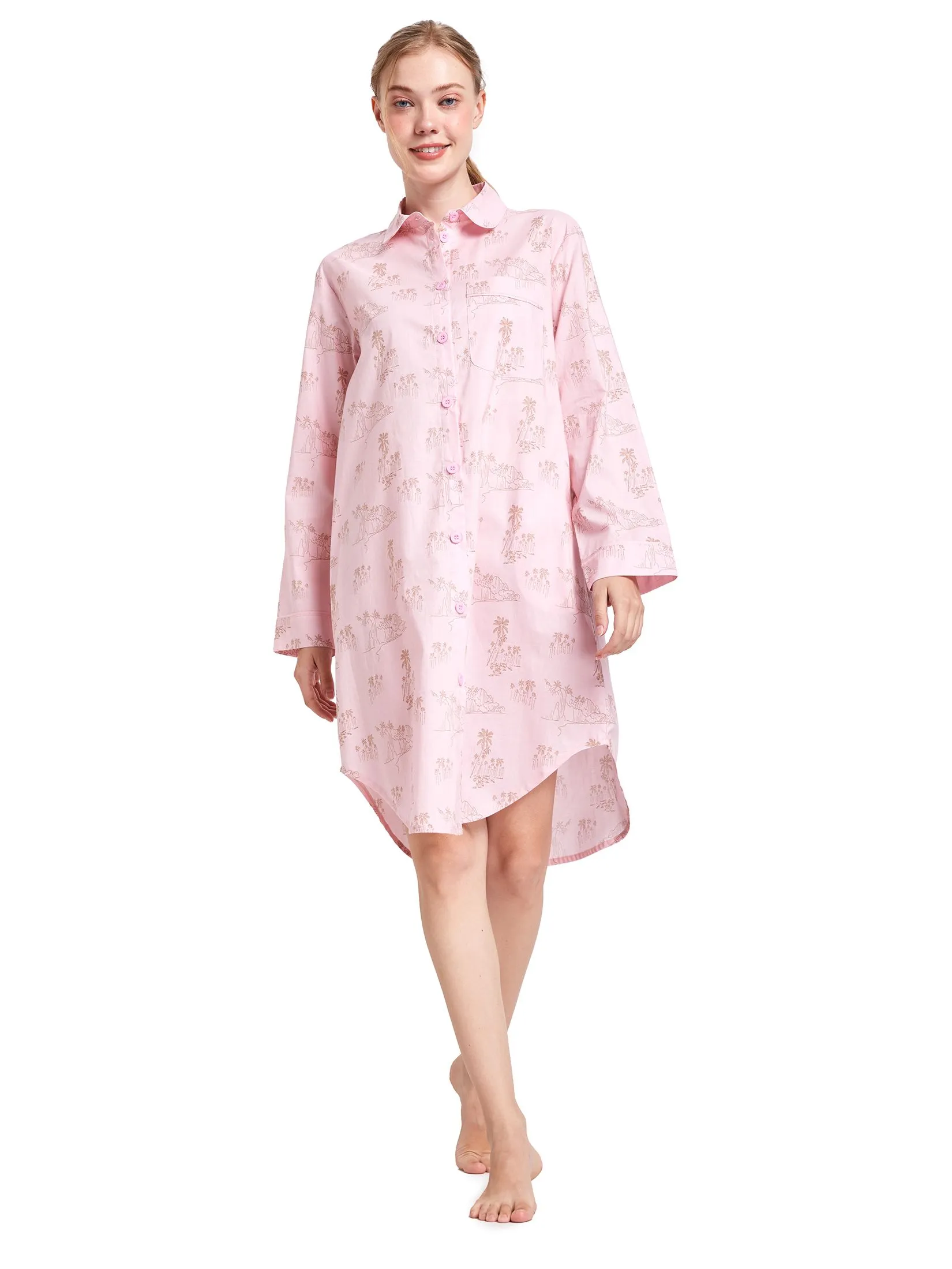 CLAUDIA'S ROMANCE Women Pyjamas Dress Long Sleeves Collar Neck Pink