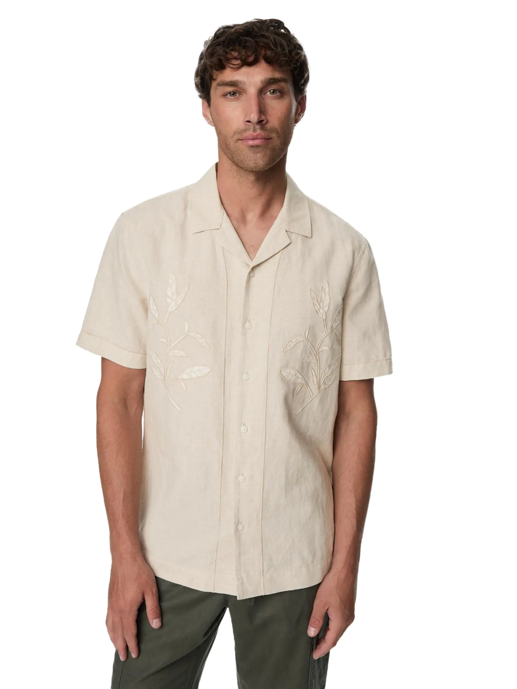 MARKS & SPENCER Men Shirt Short Sleeves Cotton Linen Blend Cuban Collar NB_ECRU MIX