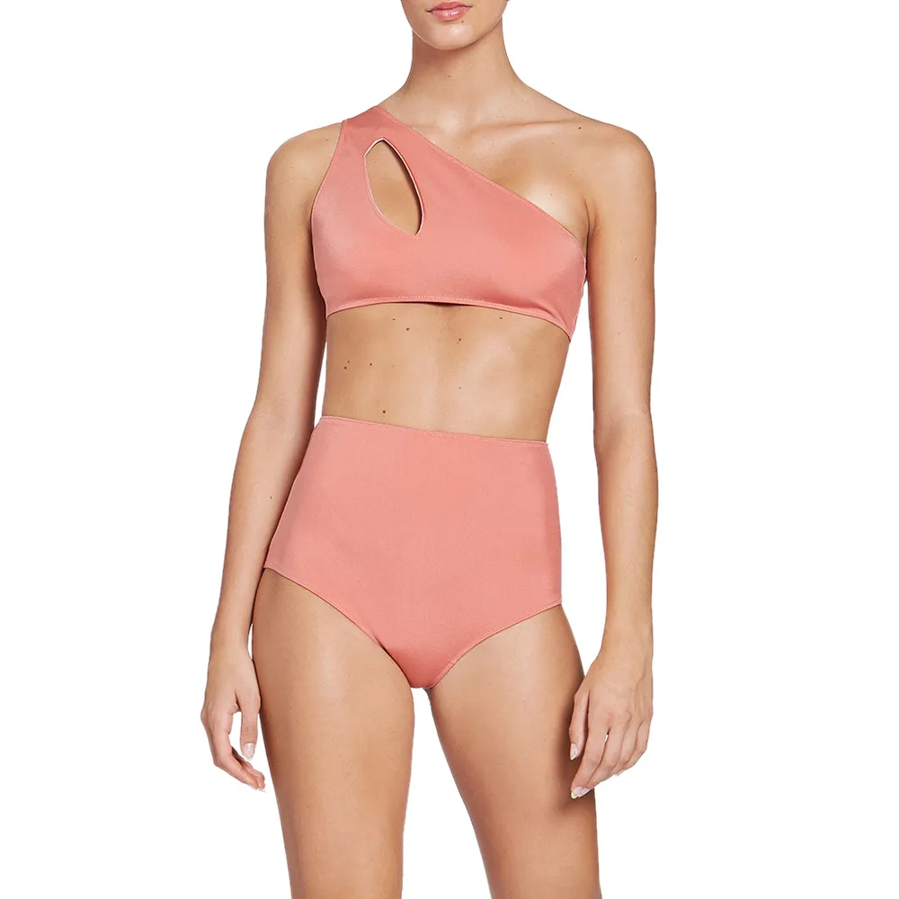 ANGELYS BALEK Peach Free Form One Shoulder Cutoiut Bikini & High Waist Brief Women Swimsuit Size - S
