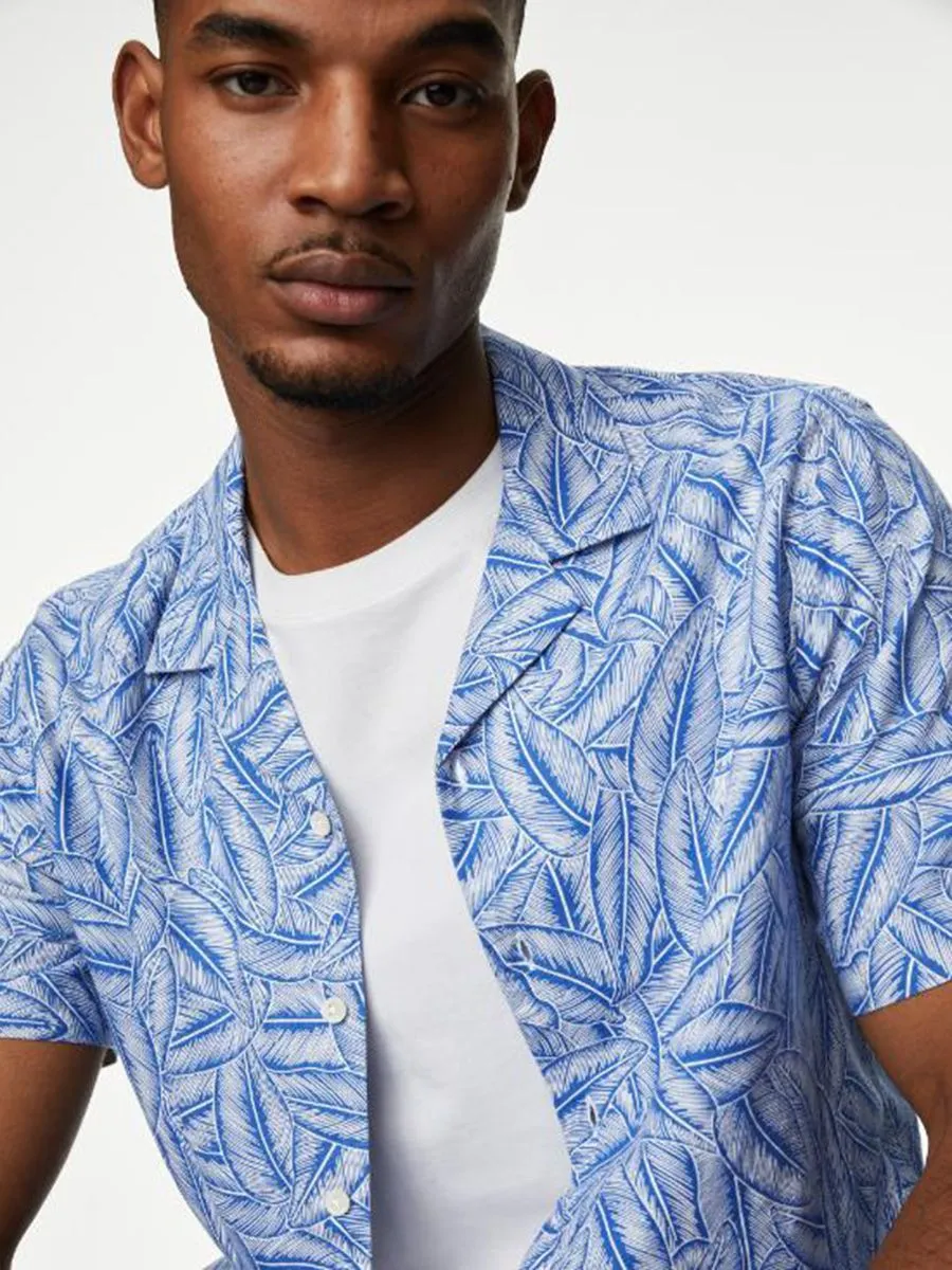 MARKS & SPENCER Men Shirt Short Sleeves Easy Iron Linen Blend Hawaiian Printed Blue Mix