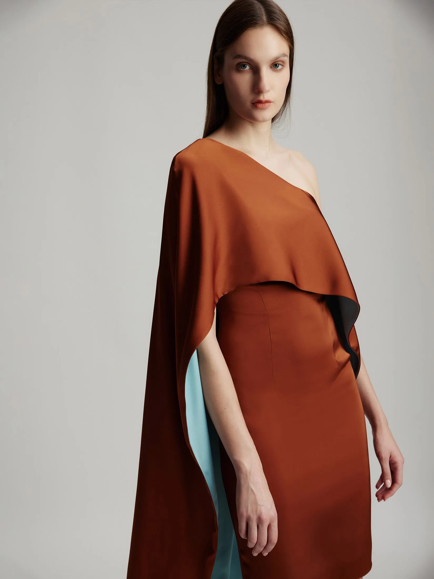 ASAVA ( AW24 ) Isha One-Shoulder Cape Women Dress Brown