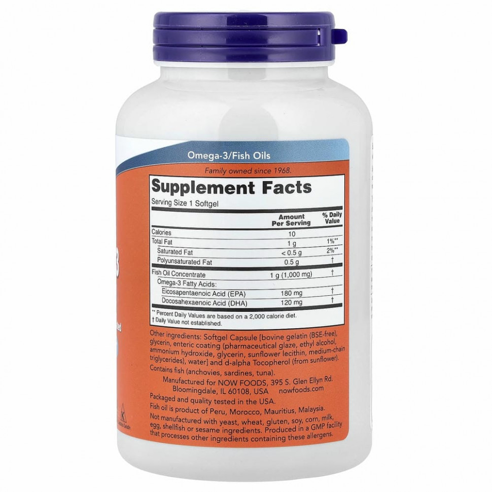 NOW Foods, жирные кислоты омега-3, 180 ЭПК / 120 ДГК,180 капсул, покрытых кишечнорастворимой оболочкой