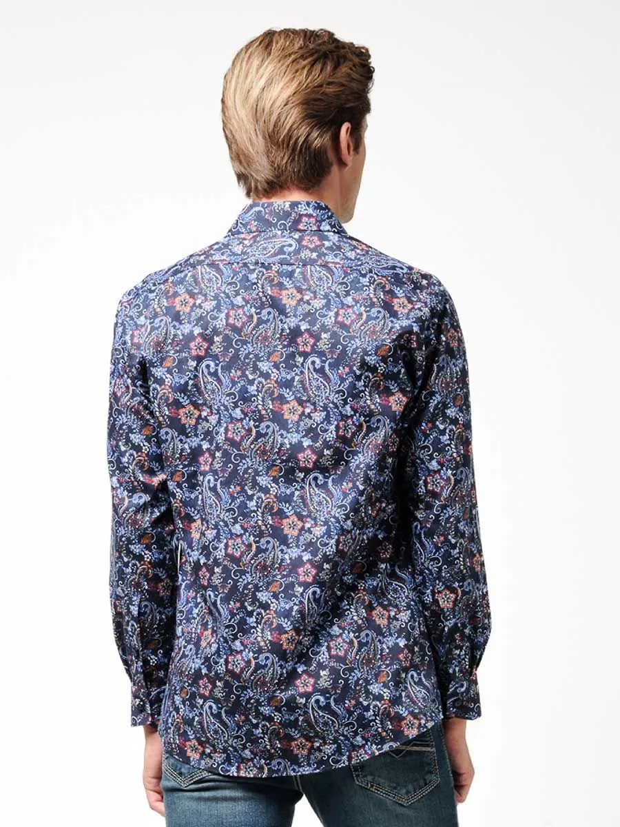 OLYMP MEN SHIRT LONG SLEEVES MODERN FIT GRAPHIC PRINT NAVY BLUE EASY IRON