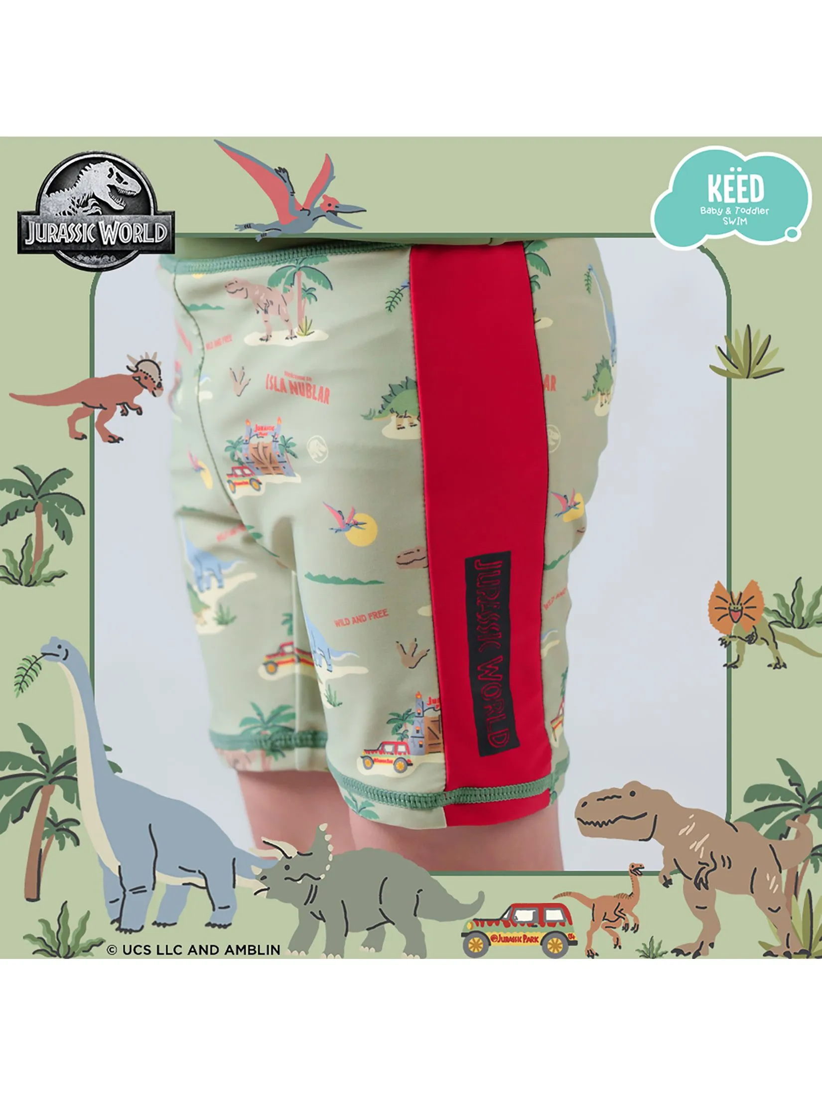 KEED Boy Swimming Set Rashguard Short Sleeves + Shorts Jurassic World Khaki Green