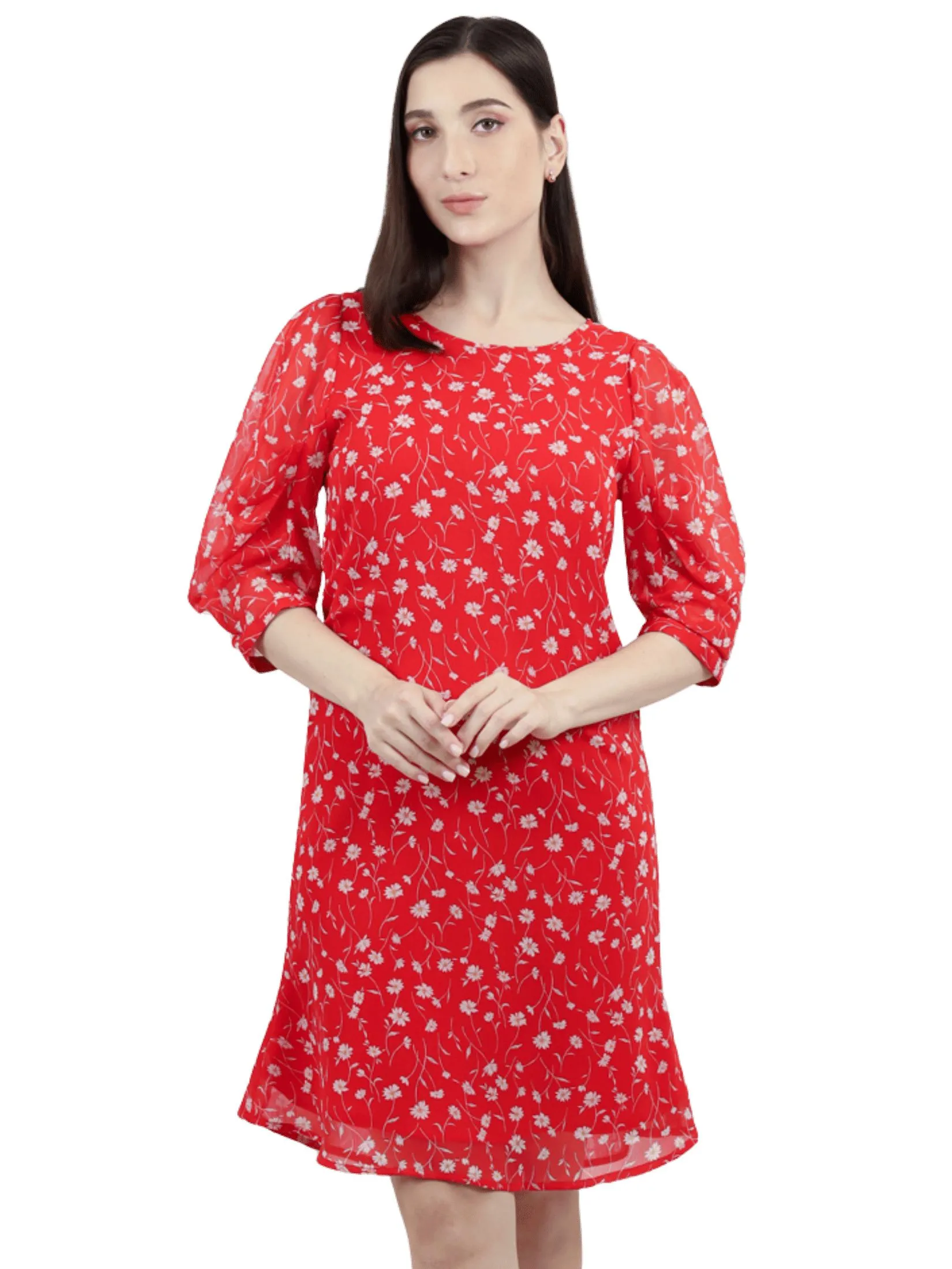 VERONIQA Women Dress Short Sleeves Chiffon Angora Red