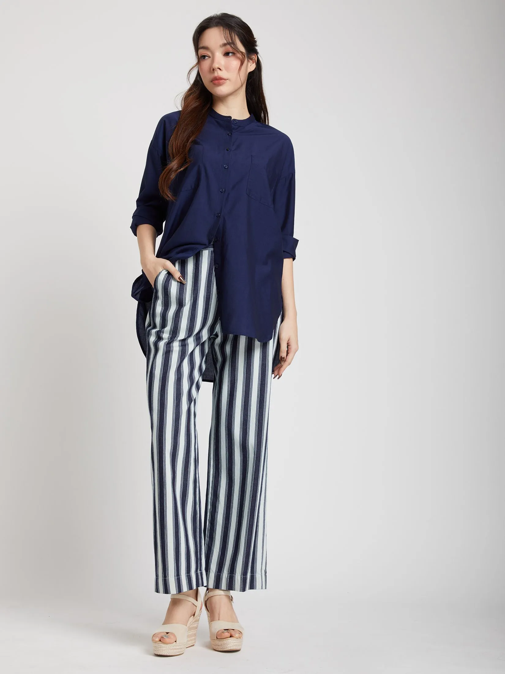 EASY PIECES Women Blouse Long Sleeves Round Neck Front Pocket