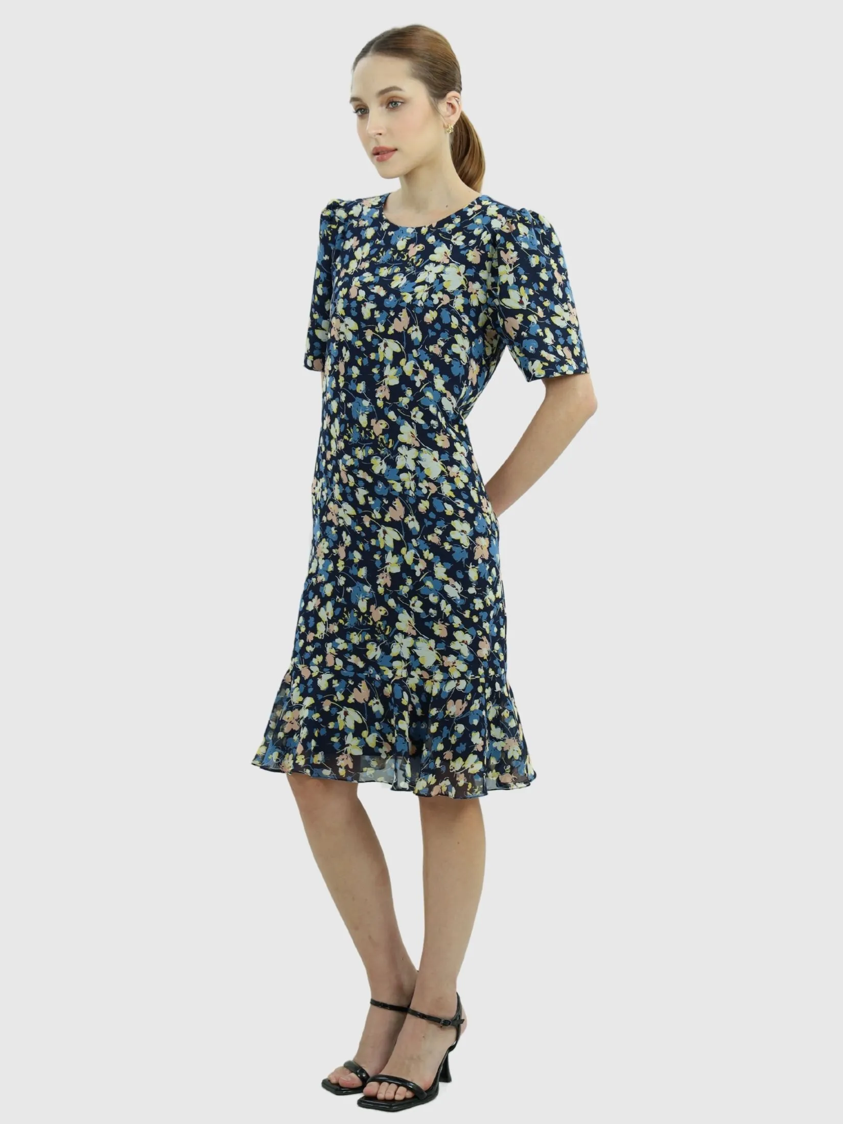 VERONIQA Women Dress Short Sleeves Chiffon Print Navy Blue