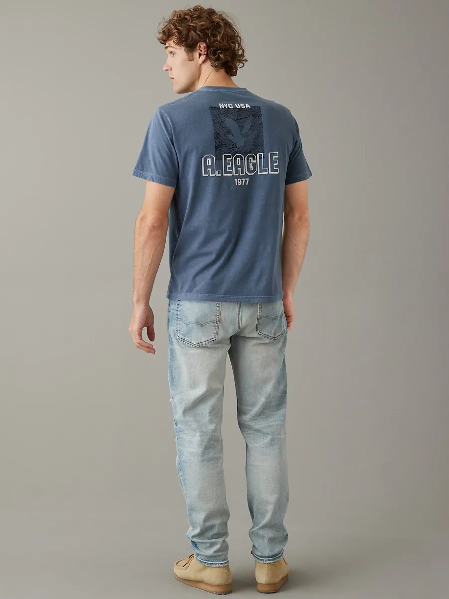 AMERICAN EAGLE MEN G ELEV BRAND SS SET IN- OVERDYED HTHR + SERIOUSLY SOFT WASH 400 BLUE